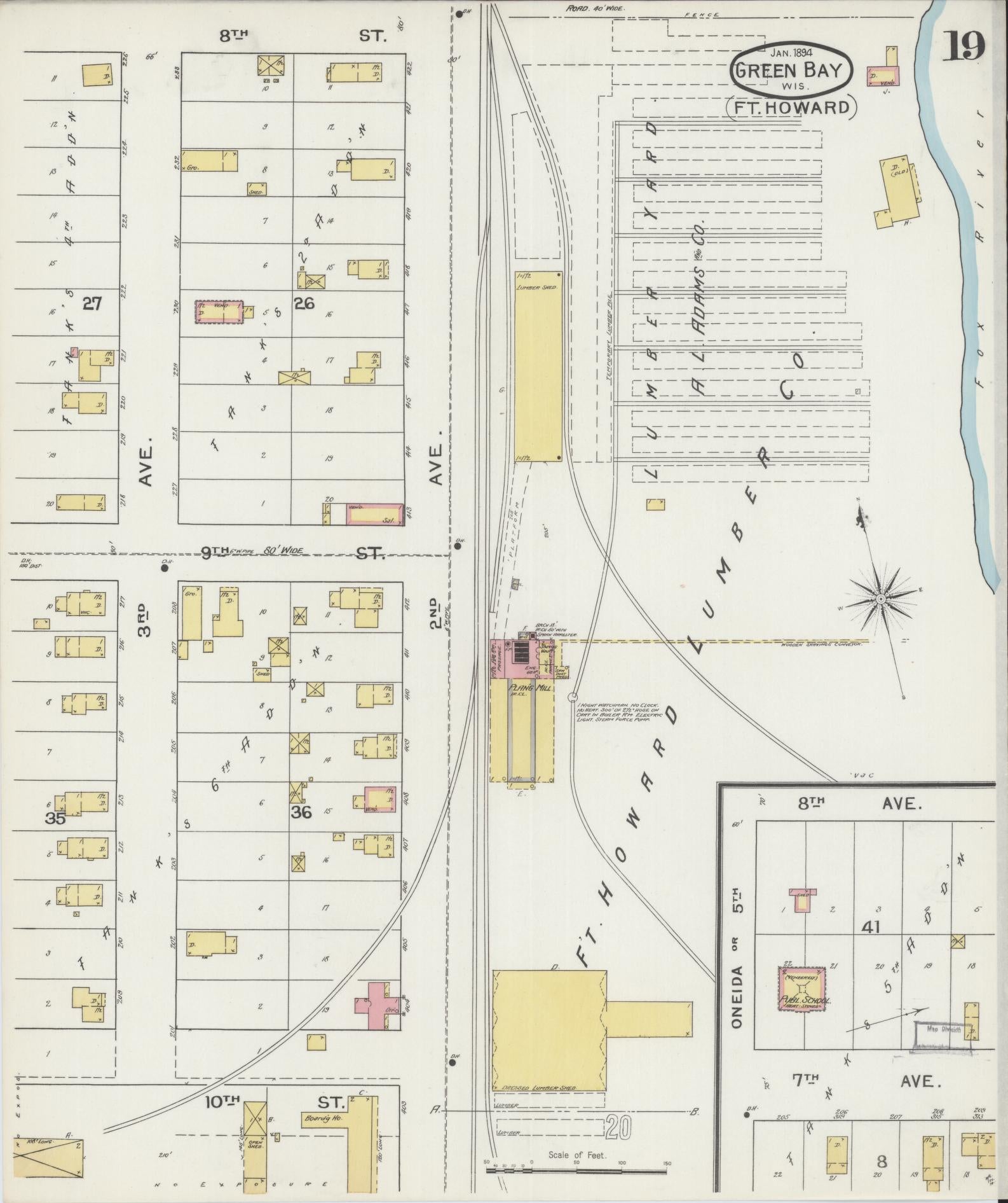 Sanborn Fire Insurance Map from Green Bay, Brown County, Wisconsin (1894), Sheet #0019 - Historic Sanborn Fire Insurance Map Print, vintage old map wall art, antique decor, genealogy gift, Wisconsin Wisconsin map