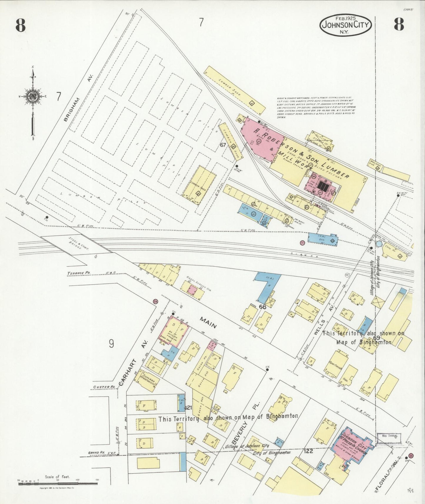 Sanborn Fire Insurance Map from Johnson City, Broome County, New York (1925), Sheet #0008 - Historic Sanborn Fire Insurance Map Print, vintage old map wall art, antique decor, genealogy gift, New York New York map