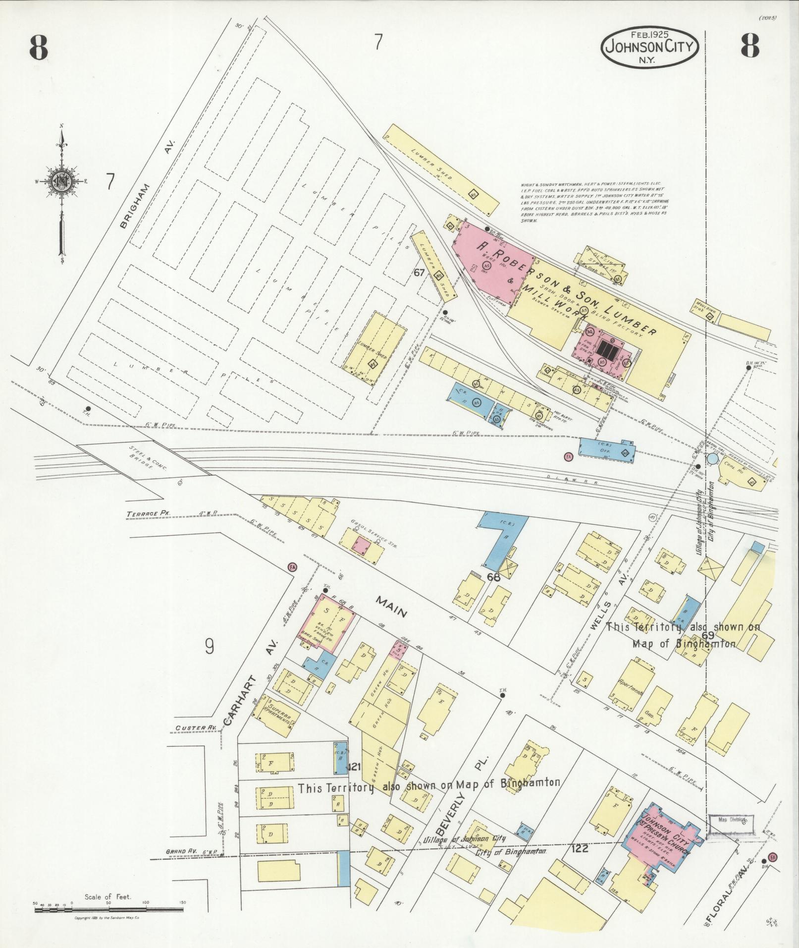 Sanborn Fire Insurance Map from Johnson City, Broome County, New York (1925), Sheet #0008 - Historic Sanborn Fire Insurance Map Print, vintage old map wall art, antique decor, genealogy gift, New York New York map