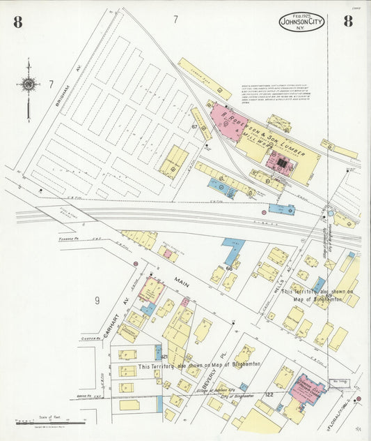 Sanborn Fire Insurance Map from Johnson City, Broome County, New York (1925), Sheet #0008 - Historic Sanborn Fire Insurance Map Print, vintage old map wall art, antique decor, genealogy gift, New York New York map