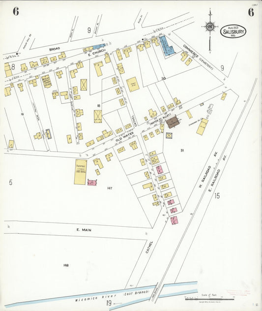 Sanborn Fire Insurance Map from Salisbury, Wicomico County, Maryland (1923), Sheet #0006 - Historic Sanborn Fire Insurance Map Print, vintage old map wall art, antique decor, genealogy gift, Maryland Maryland map