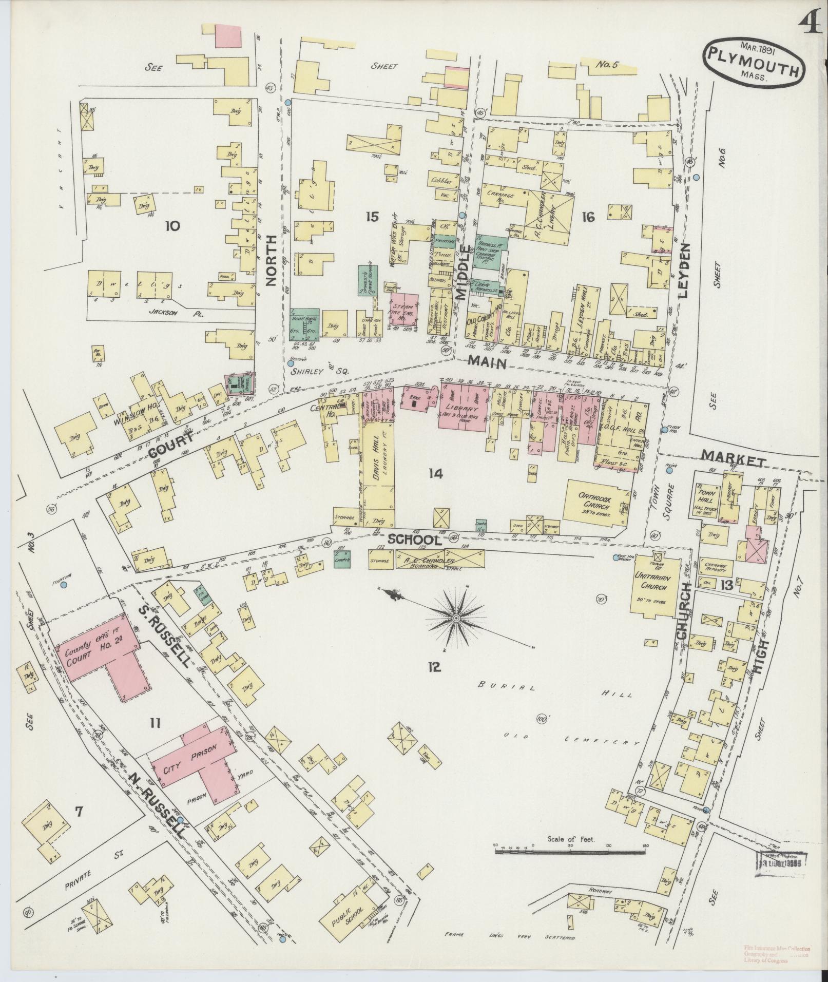 Sanborn Fire Insurance Map from Plymouth, Plymouth County, Massachusetts (1891), Sheet #0004 - Complete Map Set gallery image, historic Sanborn map, vintage wall art, Massachusetts Massachusetts