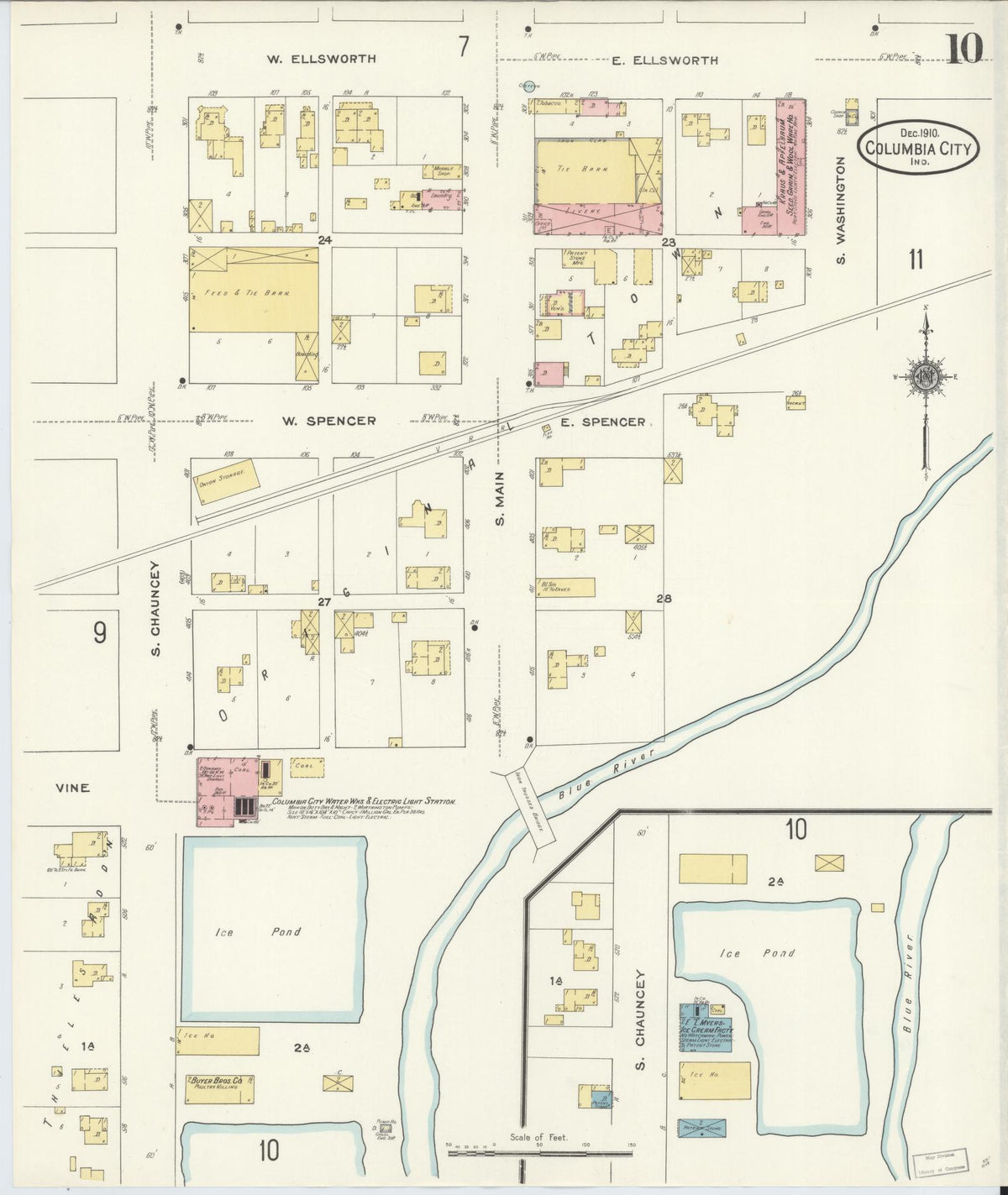 Sanborn Fire Insurance Map from Columbia City, Whitley County, Indiana (1910), Sheet #0010 - Historic Sanborn Fire Insurance Map Print, vintage old map wall art, antique decor, genealogy gift, Indiana Indiana map