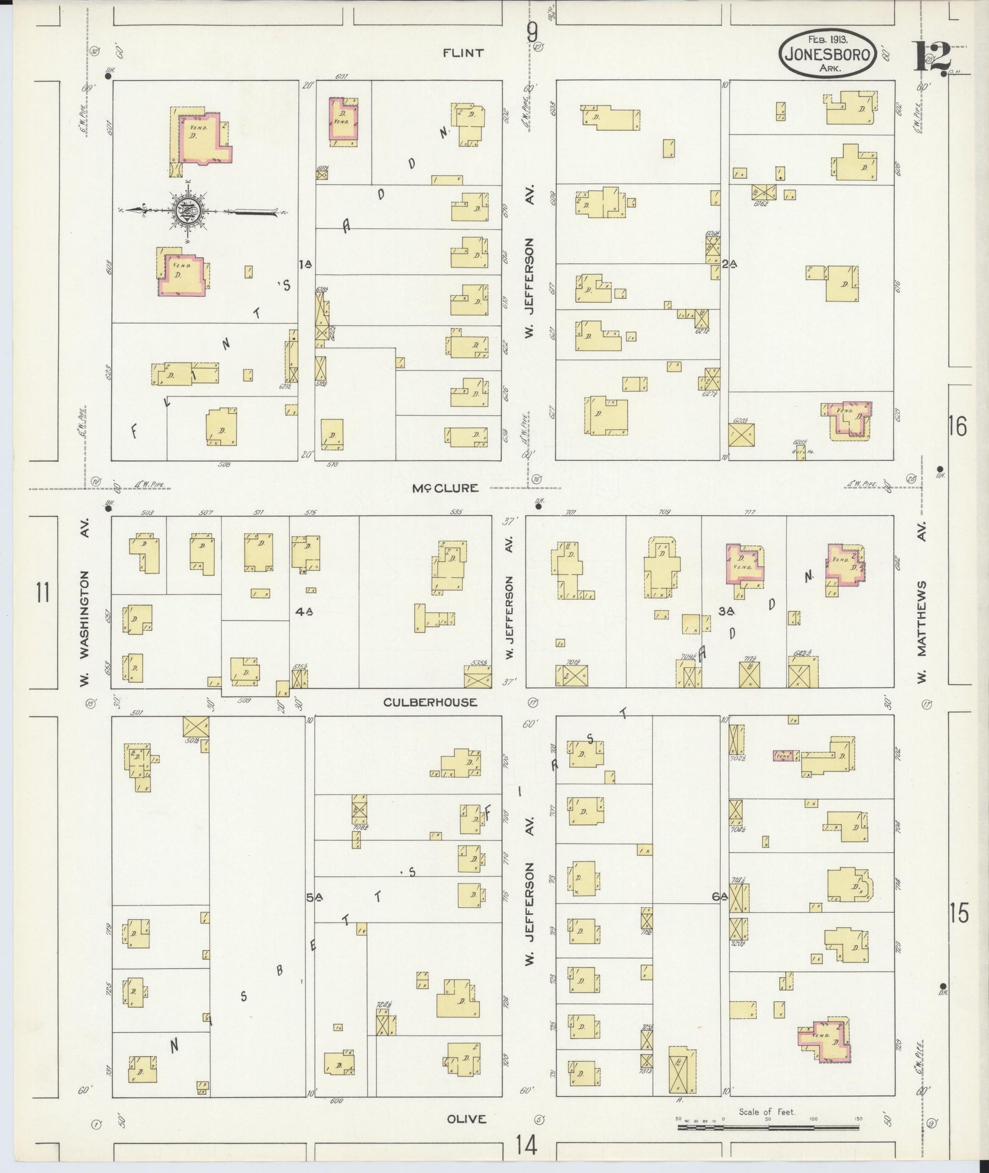 Sanborn Fire Insurance Map from Jonesboro, Craighead County, Arkansas (1913), Sheet #0012 - Complete Map Set gallery image, historic Sanborn map, vintage wall art, Arkansas Arkansas