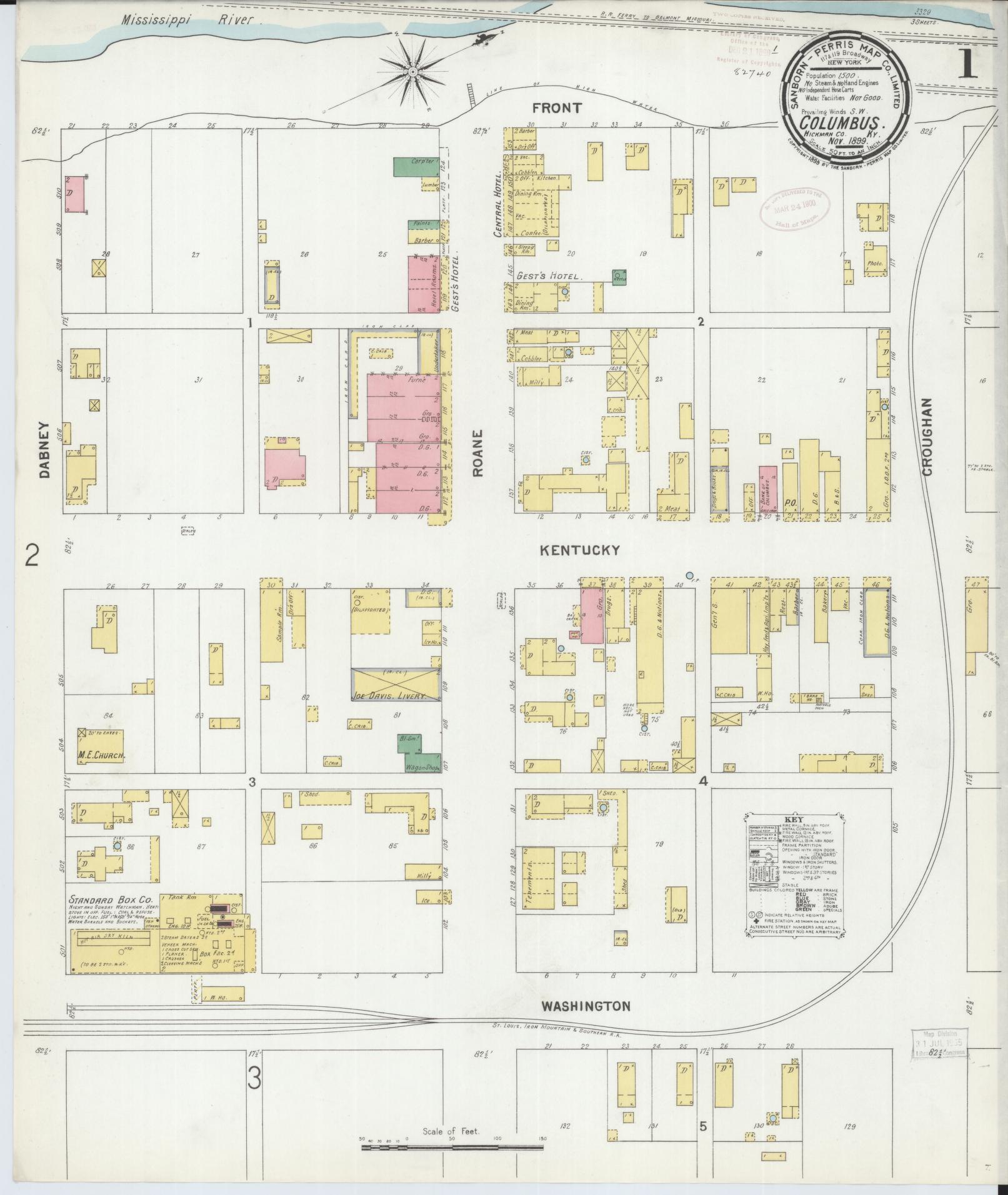 Sanborn Fire Insurance Map from Columbus, Hickman County, Kentucky (1899), Sheet #0001 - Historic Sanborn Fire Insurance Map Print, vintage old map wall art, antique decor, genealogy gift, Kentucky Kentucky map