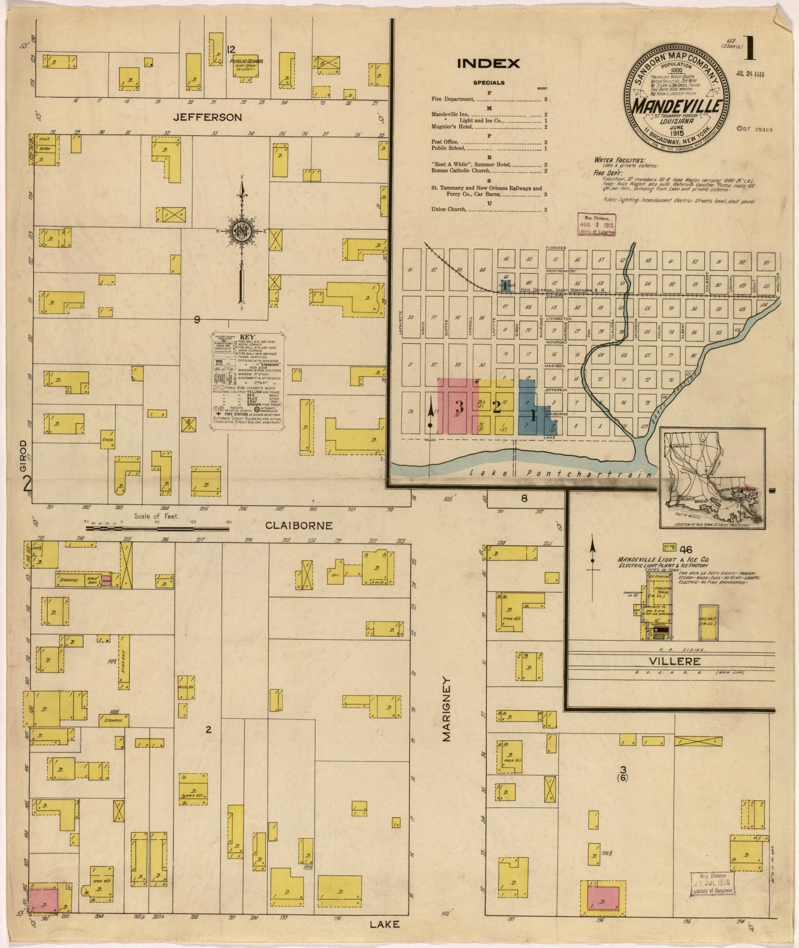 Sanborn Fire Insurance Map from Mandeville, Saint Tammany Parish, Louisiana (1915), Sheet #0001 - Historic Sanborn Fire Insurance Map Print, vintage old map wall art, antique decor, genealogy gift, Louisiana Louisiana map