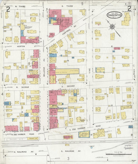 Sanborn Fire Insurance Map from Hammonton, Atlantic County, New Jersey (1923), Sheet #0002 - Historic Sanborn Fire Insurance Map Print, vintage old map wall art, antique decor, genealogy gift, New Jersey New Jersey map