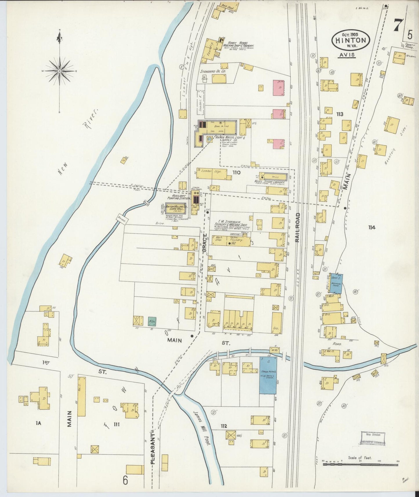 Sanborn Fire Insurance Map from Hinton, Summer County, West Virginia (1905), Sheet #0007 - Complete Map Set gallery image, historic Sanborn map, vintage wall art, West Virginia West Virginia