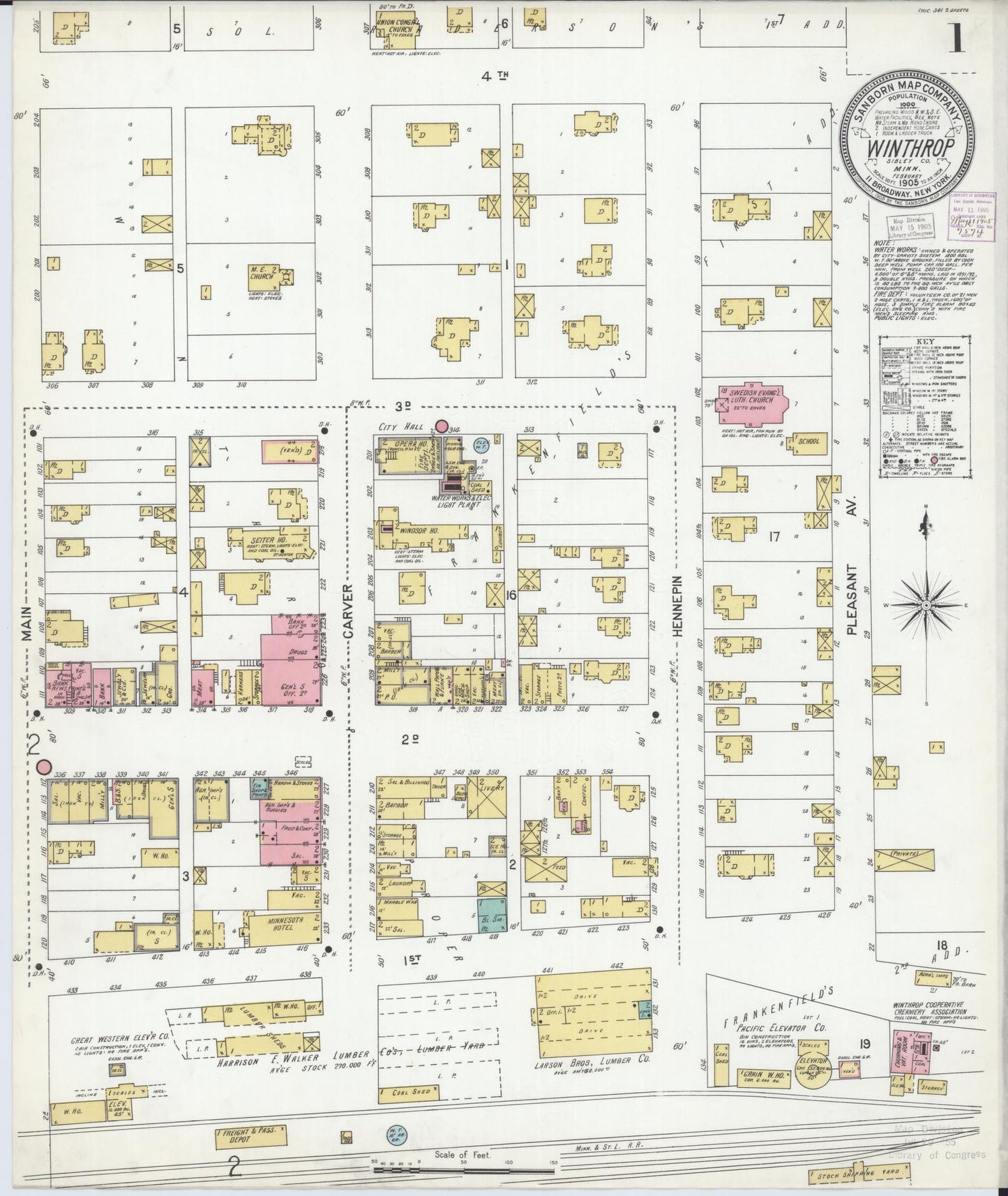 Sanborn Fire Insurance Map from Winthrop, Sibley County, Minnesota (1905), Sheet #0001 - Complete Map Set gallery image, historic Sanborn map, vintage wall art, Minnesota Minnesota