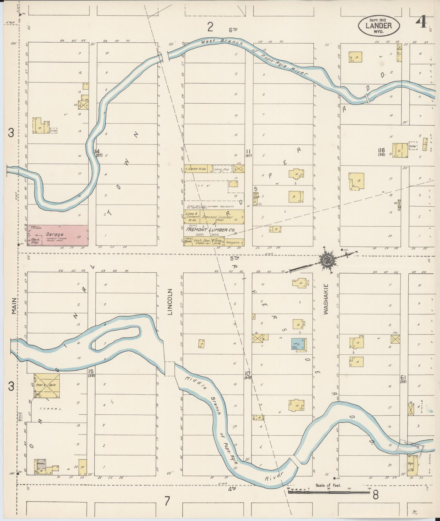 Sanborn Fire Insurance Map from Lander, Fremont County, Wyoming (1912), Sheet #0004 - Historic Sanborn Fire Insurance Map Print, vintage old map wall art, antique decor, genealogy gift, Wyoming Wyoming map