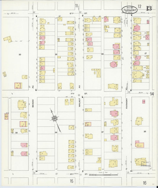 Sanborn Fire Insurance Map from Fairmont, Marion County, West Virginia (1912), Sheet #0013 - Historic Sanborn Fire Insurance Map Print, vintage old map wall art, antique decor, genealogy gift, West Virginia West Virginia map