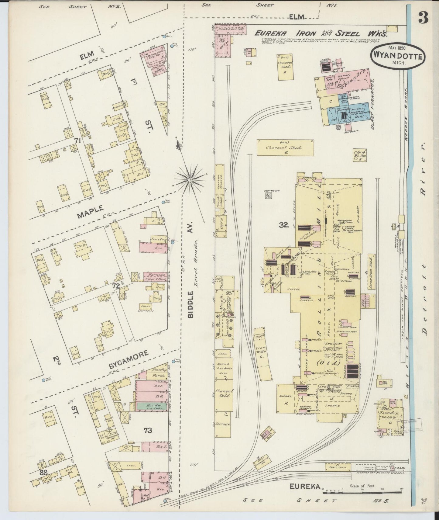 Sanborn Fire Insurance Map from Wyandotte, Wayne County, Michigan (1890), Sheet #0003 - Complete Map Set gallery image, historic Sanborn map, vintage wall art, Michigan Michigan