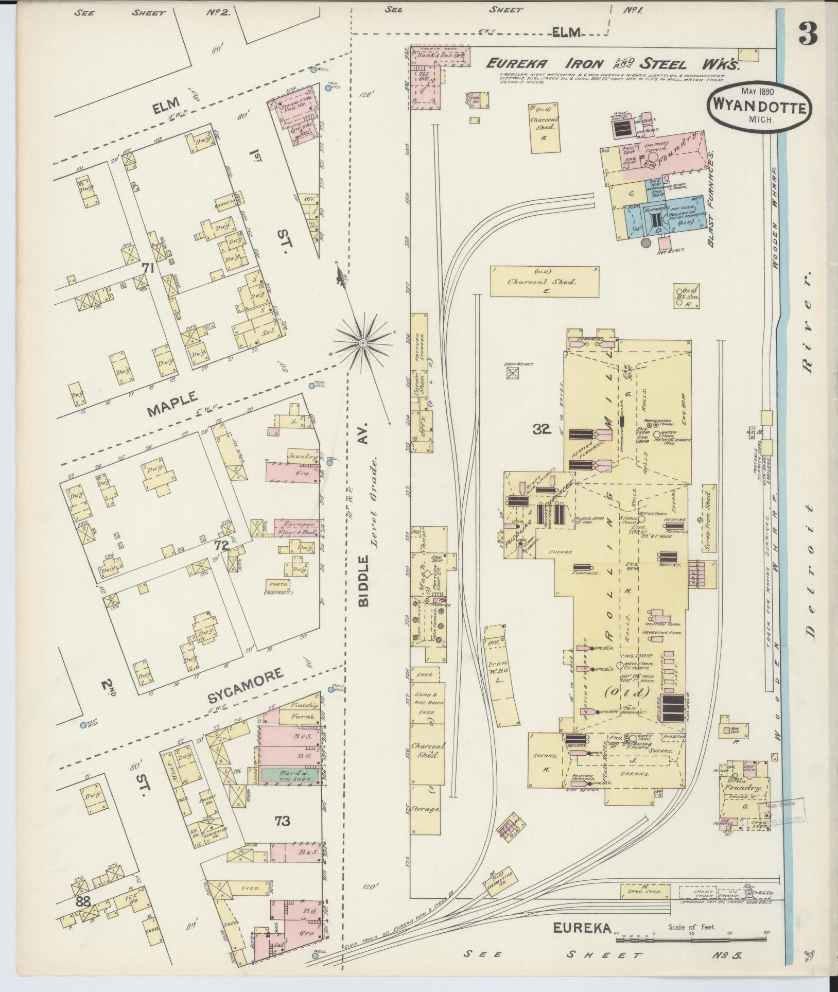 Sanborn Fire Insurance Map from Wyandotte, Wayne County, Michigan (1890), Sheet #0003 - Complete Map Set gallery image, historic Sanborn map, vintage wall art, Michigan Michigan