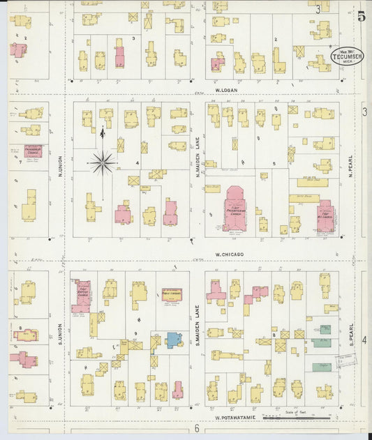 Sanborn Fire Insurance Map from Tecumseh, Lenawee County, Michigan (1907), Sheet #0005 - Historic Sanborn Fire Insurance Map Print, vintage old map wall art, antique decor, genealogy gift, Michigan Michigan map