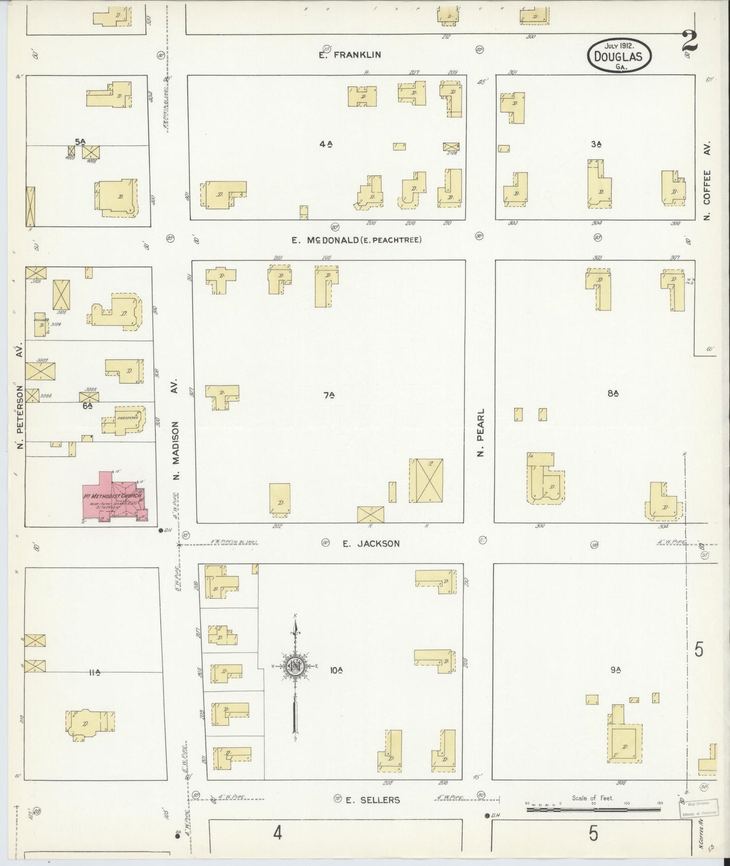 Sanborn Fire Insurance Map from Douglas, Coffee County, Georgia (1912), Sheet #0002 - Historic Sanborn Fire Insurance Map Print, vintage old map wall art, antique decor, genealogy gift, Georgia Georgia map