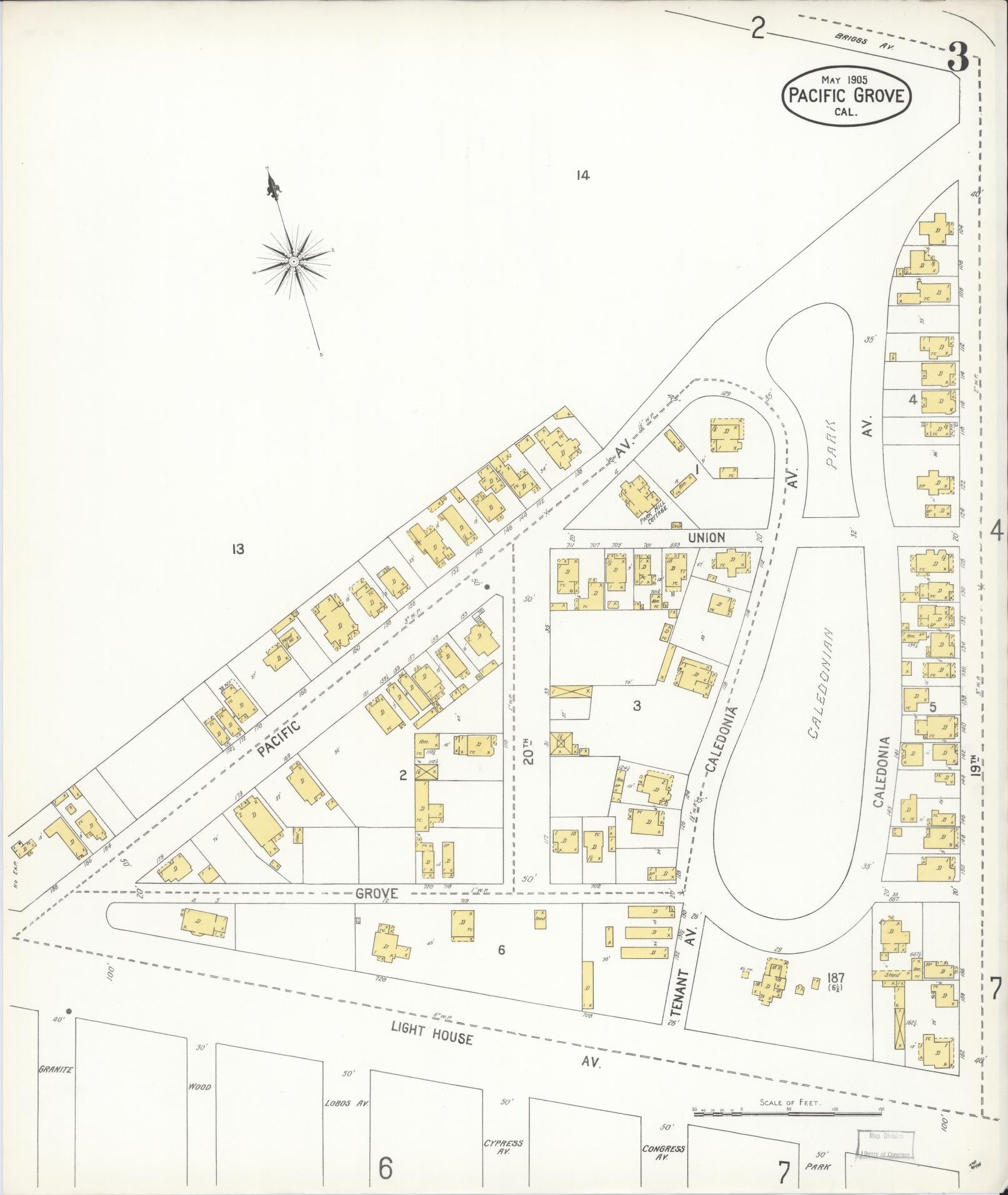 Sanborn Fire Insurance Map from Pacific Grove, Monterey County, California (1905), Sheet #0003 - Complete Map Set gallery image, historic Sanborn map, vintage wall art, California California