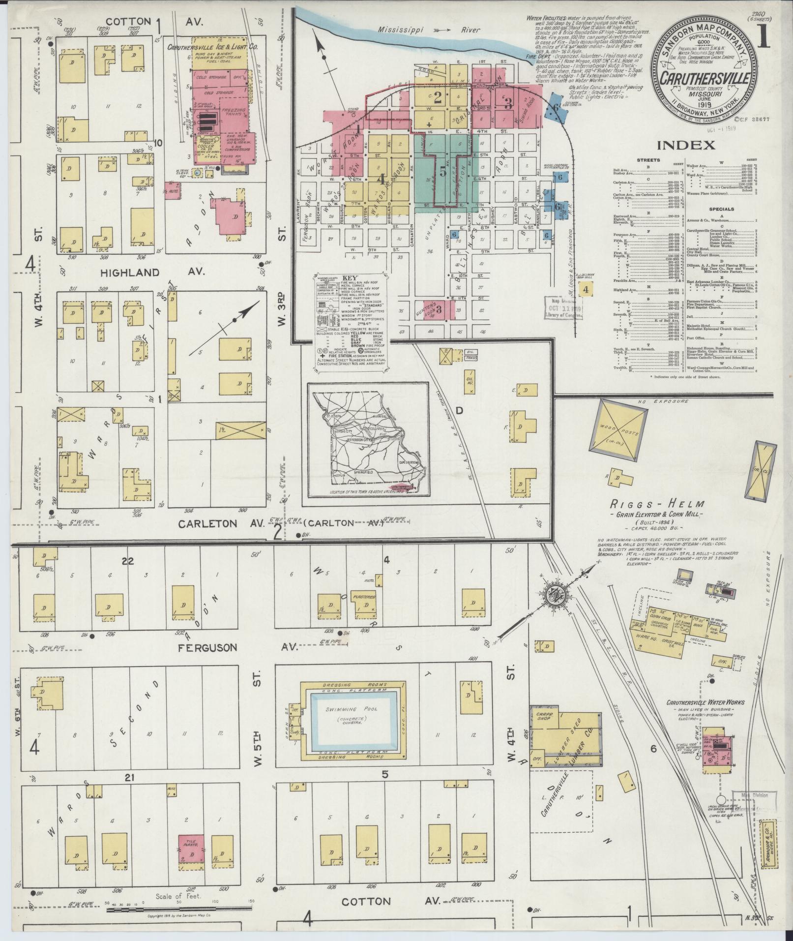 Sanborn Fire Insurance Map from Caruthersville, Pemiscot County, Missouri (1919), Sheet #0001 - Historic Sanborn Fire Insurance Map Print, vintage old map wall art, antique decor, genealogy gift, Missouri Missouri map