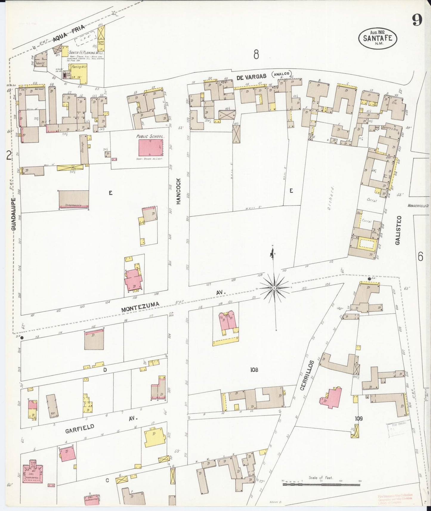 Sanborn Fire Insurance Map from Santa Fe, Santa Fe County, New Mexico (1902), Sheet #0009 - Historic Sanborn Fire Insurance Map Print, vintage old map wall art, antique decor, genealogy gift, New Mexico New Mexico map