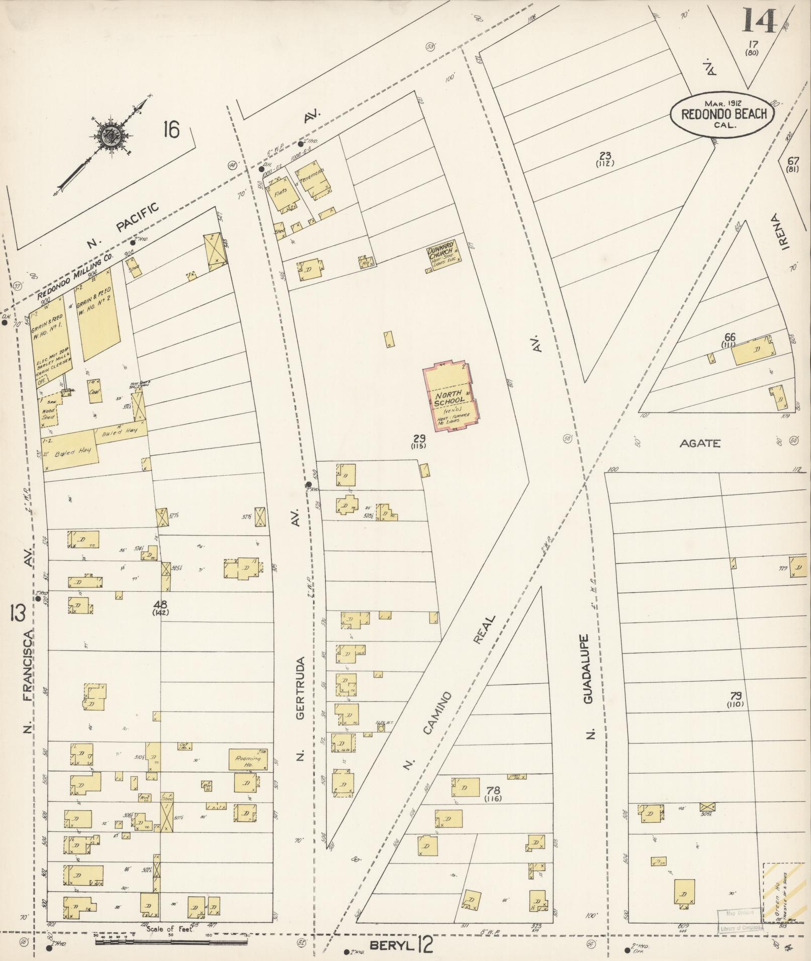 Sanborn Fire Insurance Map from Redondo Beach, Los Angeles County, California (1912), Sheet #0014 - Complete Map Set gallery image, historic Sanborn map, vintage wall art, California California
