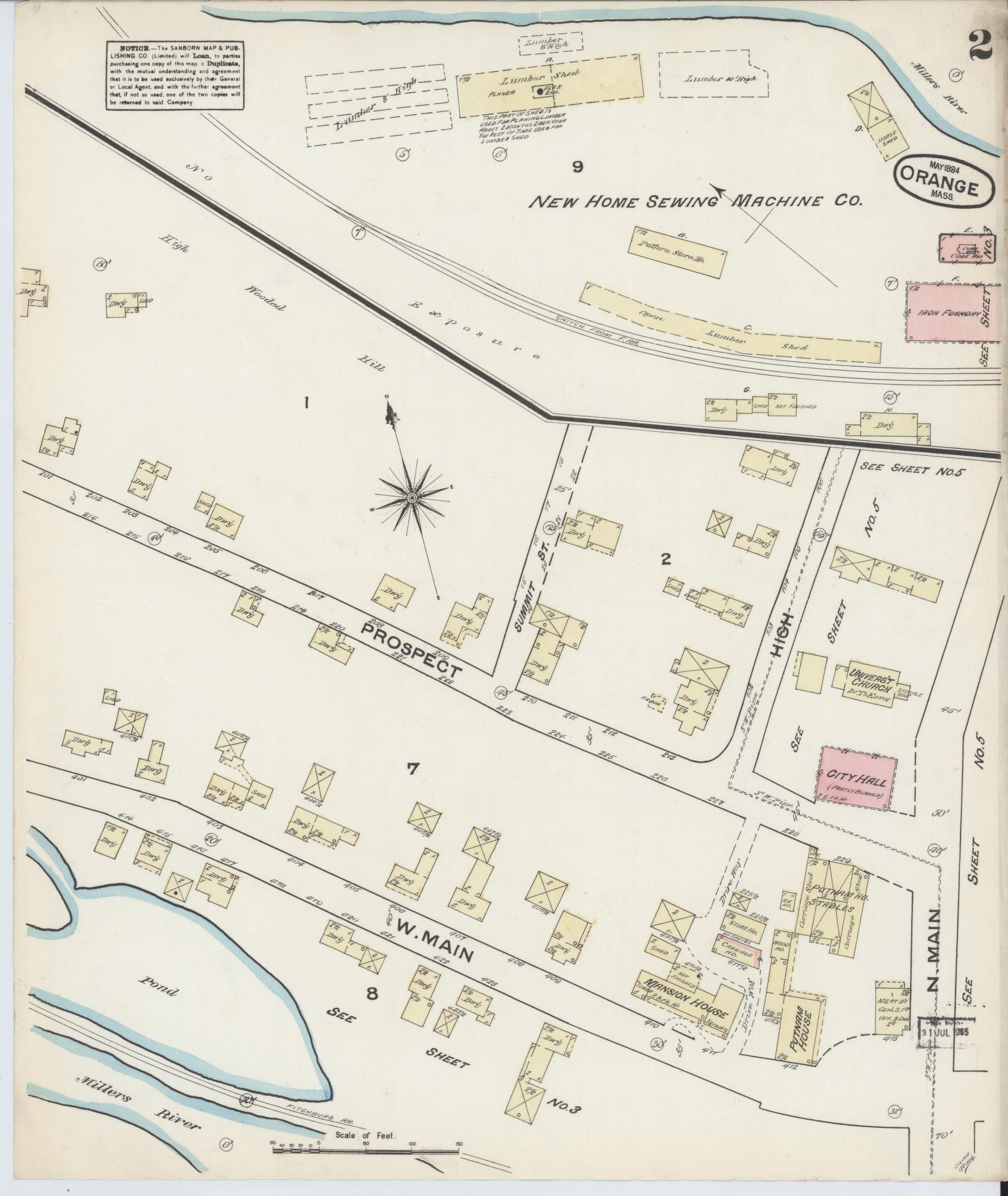 Sanborn Fire Insurance Map from Orange, Franklin County, Massachusetts (1884), Sheet #0002 - Historic Sanborn Fire Insurance Map Print, vintage old map wall art, antique decor, genealogy gift, Massachusetts Massachusetts map