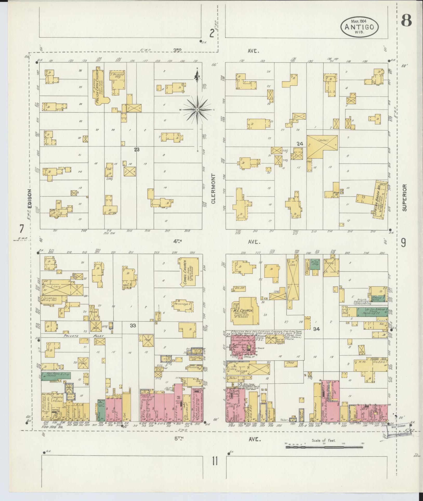 Sanborn Fire Insurance Map from Antigo, Langlade County, Wisconsin (1904), Sheet #0008 - Historic Sanborn Fire Insurance Map Print, vintage old map wall art, antique decor, genealogy gift, Wisconsin Wisconsin map