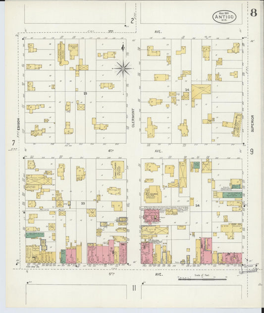 Sanborn Fire Insurance Map from Antigo, Langlade County, Wisconsin (1904), Sheet #0008 - Historic Sanborn Fire Insurance Map Print, vintage old map wall art, antique decor, genealogy gift, Wisconsin Wisconsin map