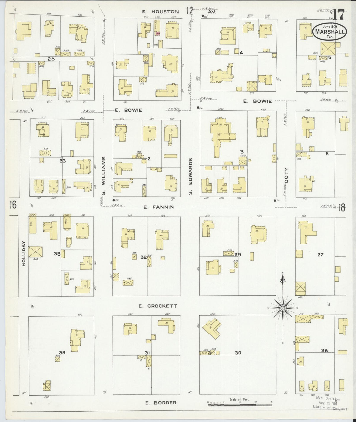 Sanborn Fire Insurance Map from Marshall, Harrison County, Texas (1909), Sheet #0017 - Complete Map Set gallery image, historic Sanborn map, vintage wall art, Texas Texas