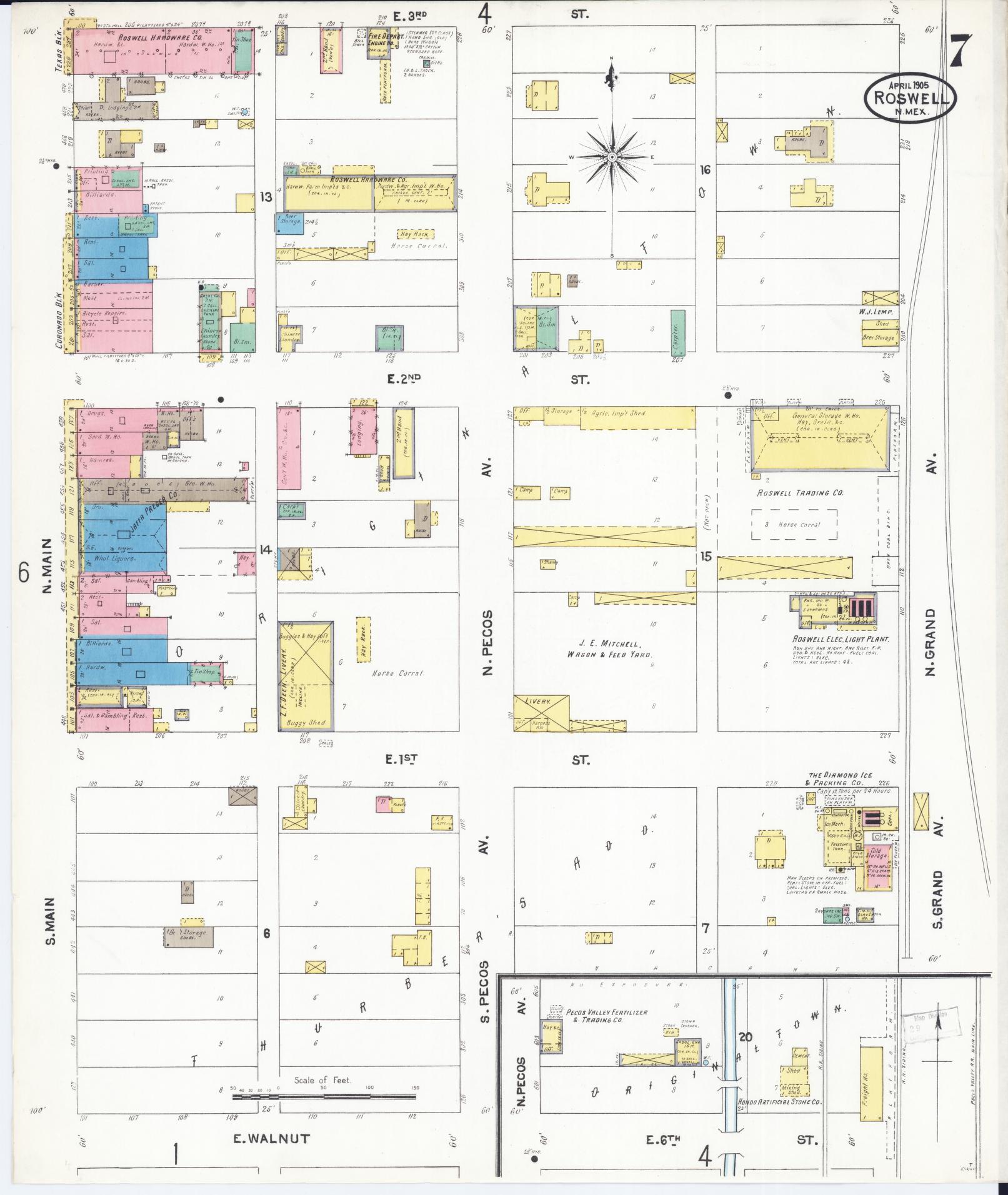Sanborn Fire Insurance Map from Roswell, Chaves County, New Mexico (1905), Sheet #0007 - Complete Map Set gallery image, historic Sanborn map, vintage wall art, New Mexico New Mexico