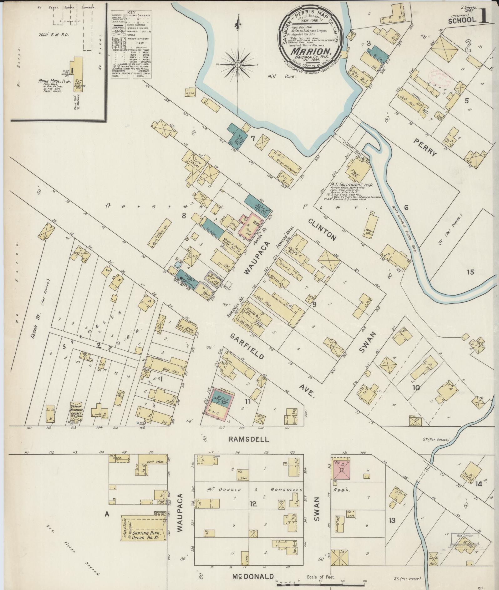 Sanborn Fire Insurance Map from Marion, Waupaca County, Wisconsin (1894), Sheet #0001 - Complete Map Set gallery image, historic Sanborn map, vintage wall art, Wisconsin Wisconsin