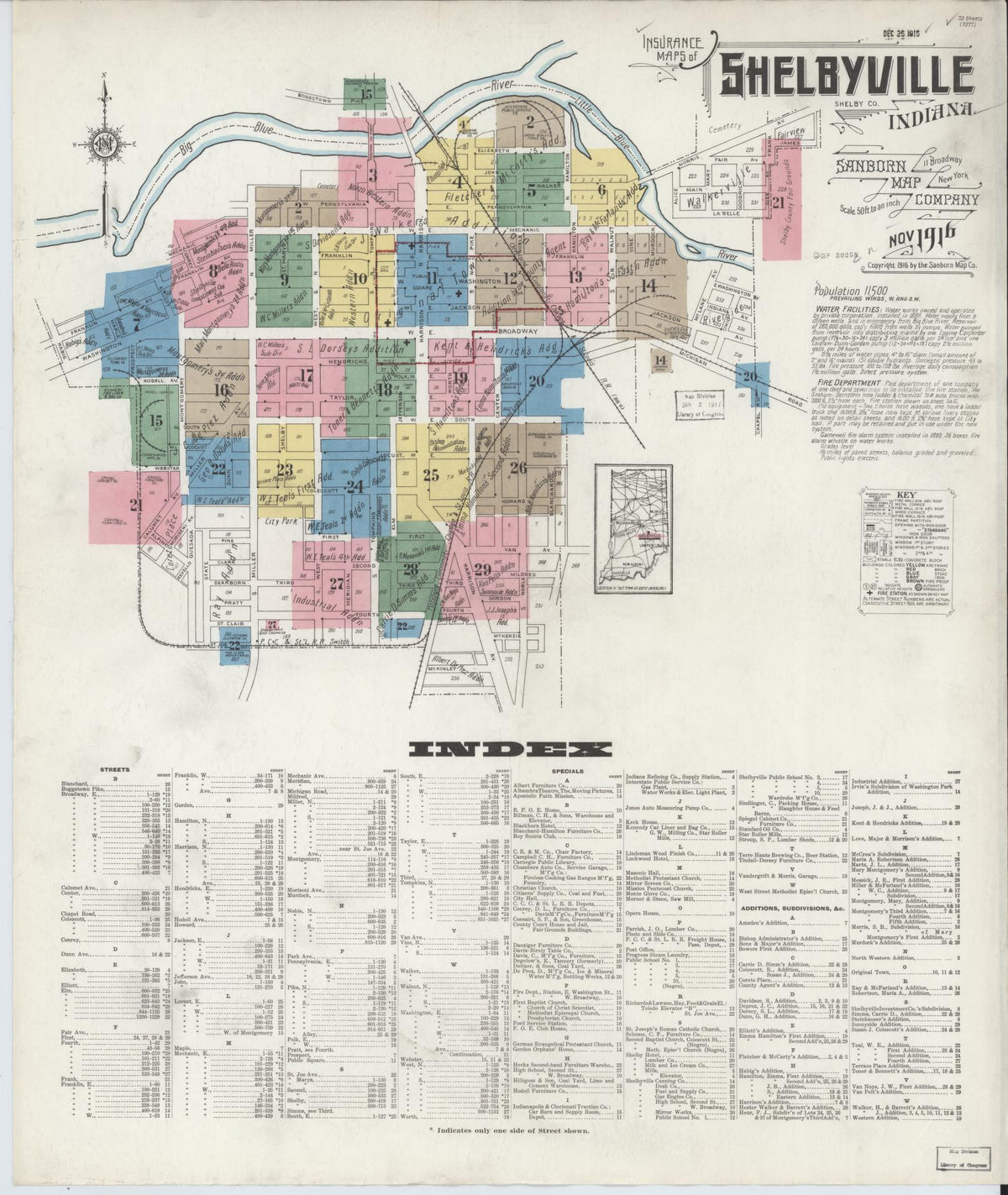 Sanborn Fire Insurance Map from Shelbyville, Shelby County, Indiana (1916), Sheet #0001 - Historic Sanborn Fire Insurance Map Print, vintage old map wall art, antique decor, genealogy gift, Indiana Indiana map
