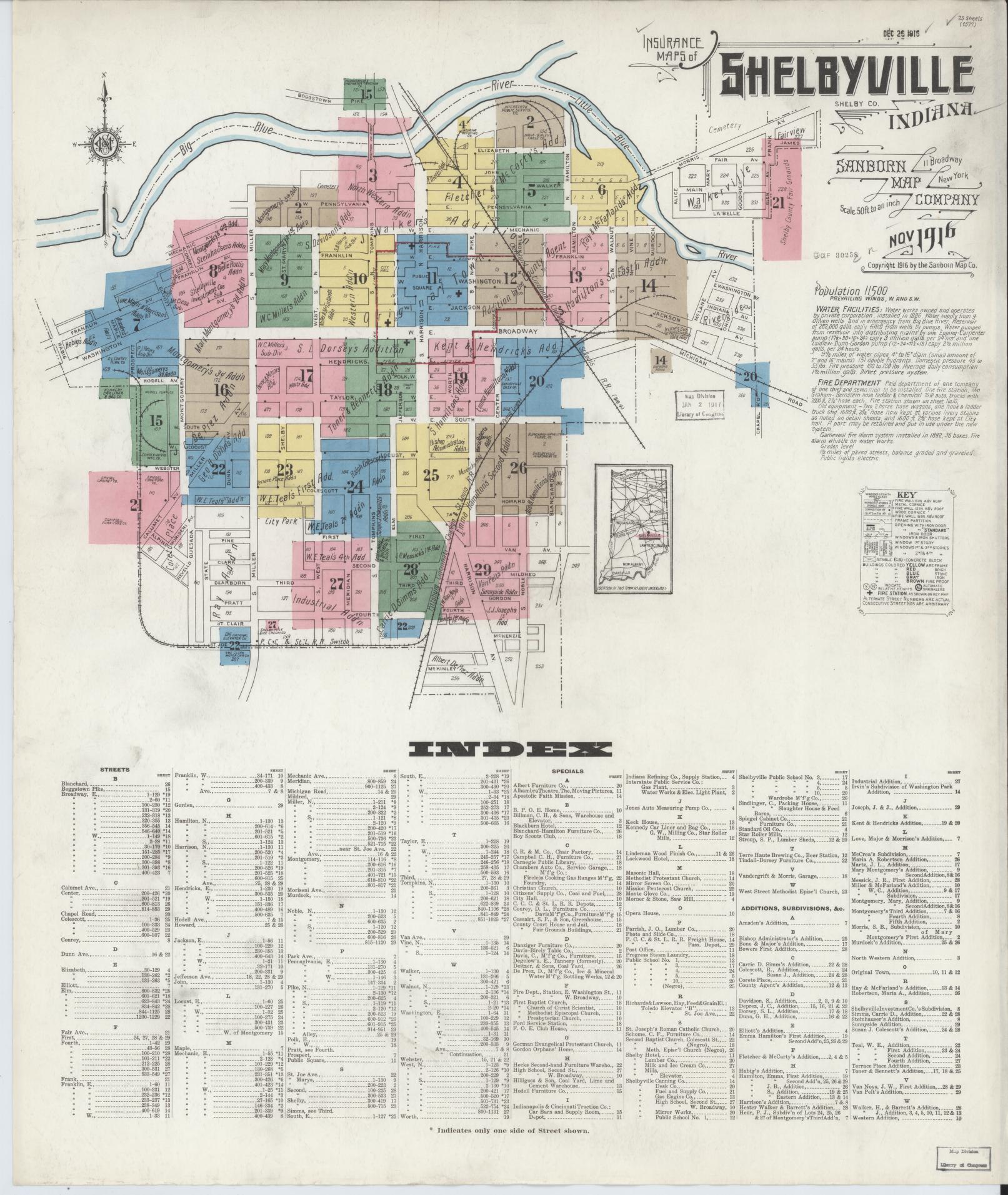 Sanborn Fire Insurance Map from Shelbyville, Shelby County, Indiana (1916), Sheet #0001 - Historic Sanborn Fire Insurance Map Print, vintage old map wall art, antique decor, genealogy gift, Indiana Indiana map