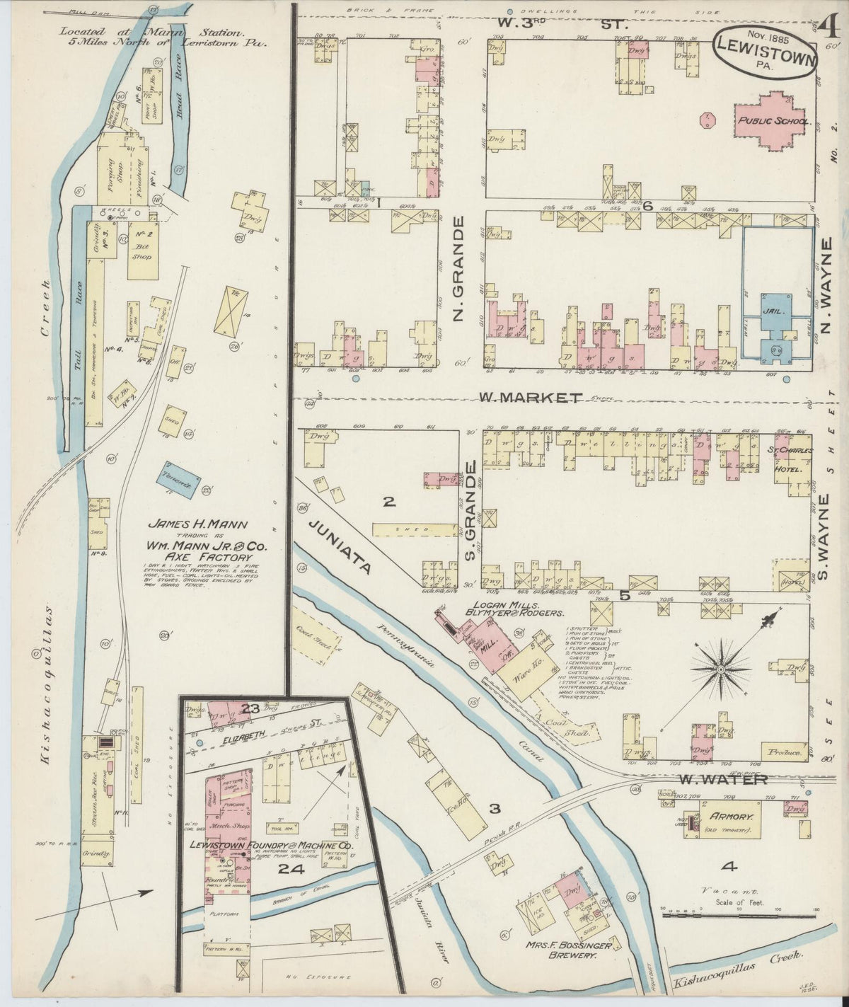 Sanborn Fire Insurance Map from Lewistown, Mifflin County, Pennsylvania (1885), Sheet #0004 - Historic Sanborn Fire Insurance Map Print, vintage old map wall art, antique decor, genealogy gift, Pennsylvania Pennsylvania map