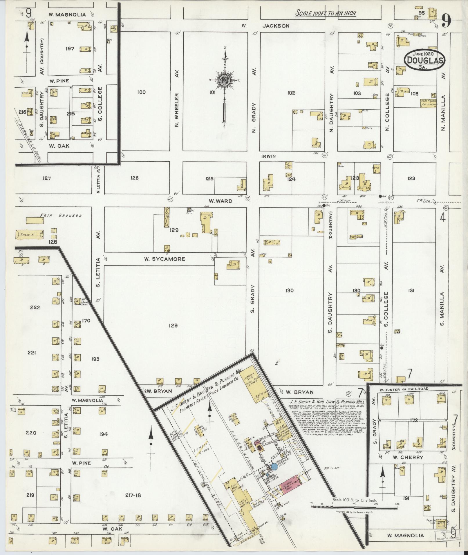 Sanborn Fire Insurance Map from Douglas, Coffee County, Georgia (1920), Sheet #0009 - Historic Sanborn Fire Insurance Map Print, vintage old map wall art, antique decor, genealogy gift, Georgia Georgia map