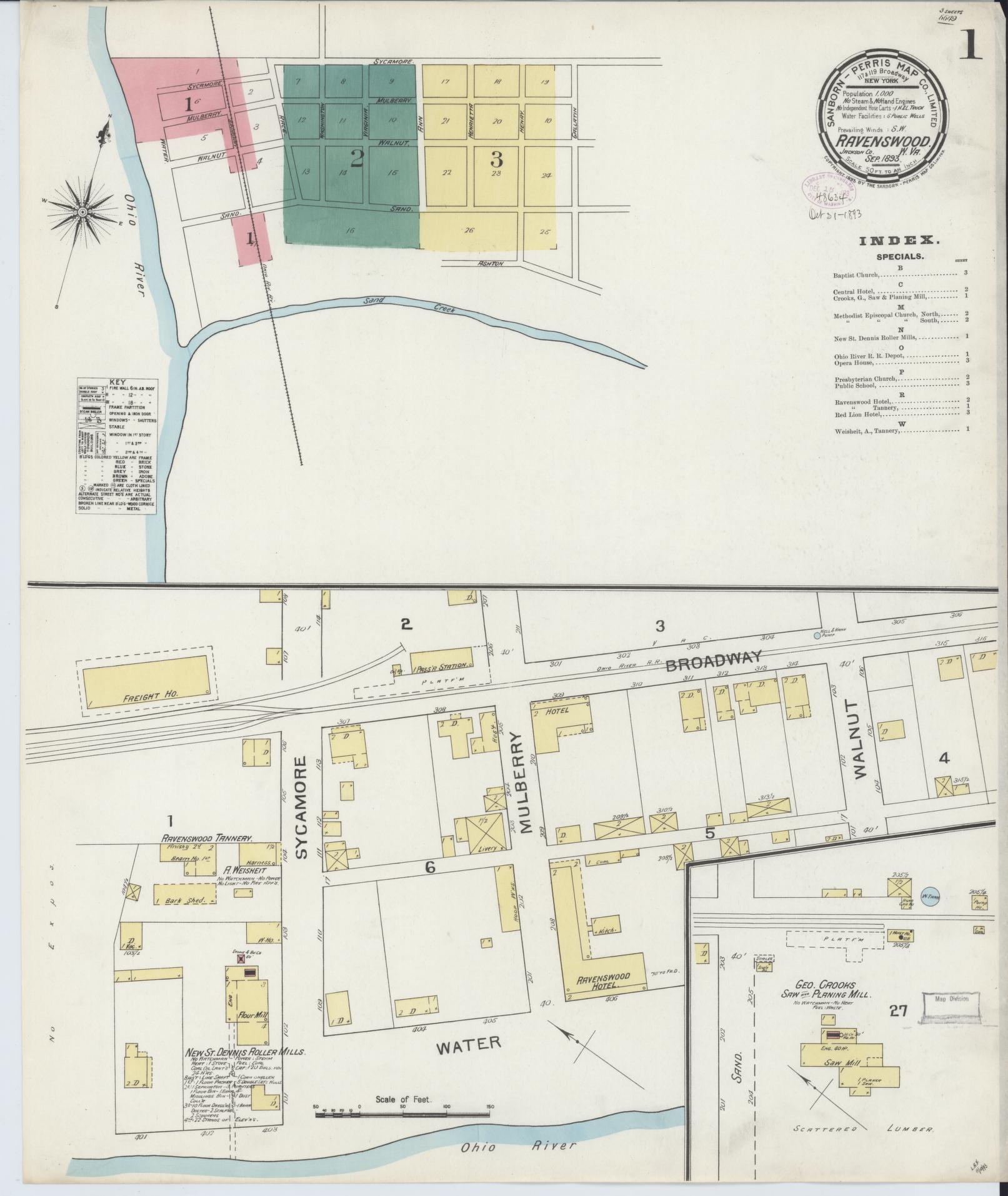 Sanborn Fire Insurance Map from Ravenswood, Jackson County, West Virginia (1893), Sheet #0001 - Complete Map Set gallery image, historic Sanborn map, vintage wall art, West Virginia West Virginia