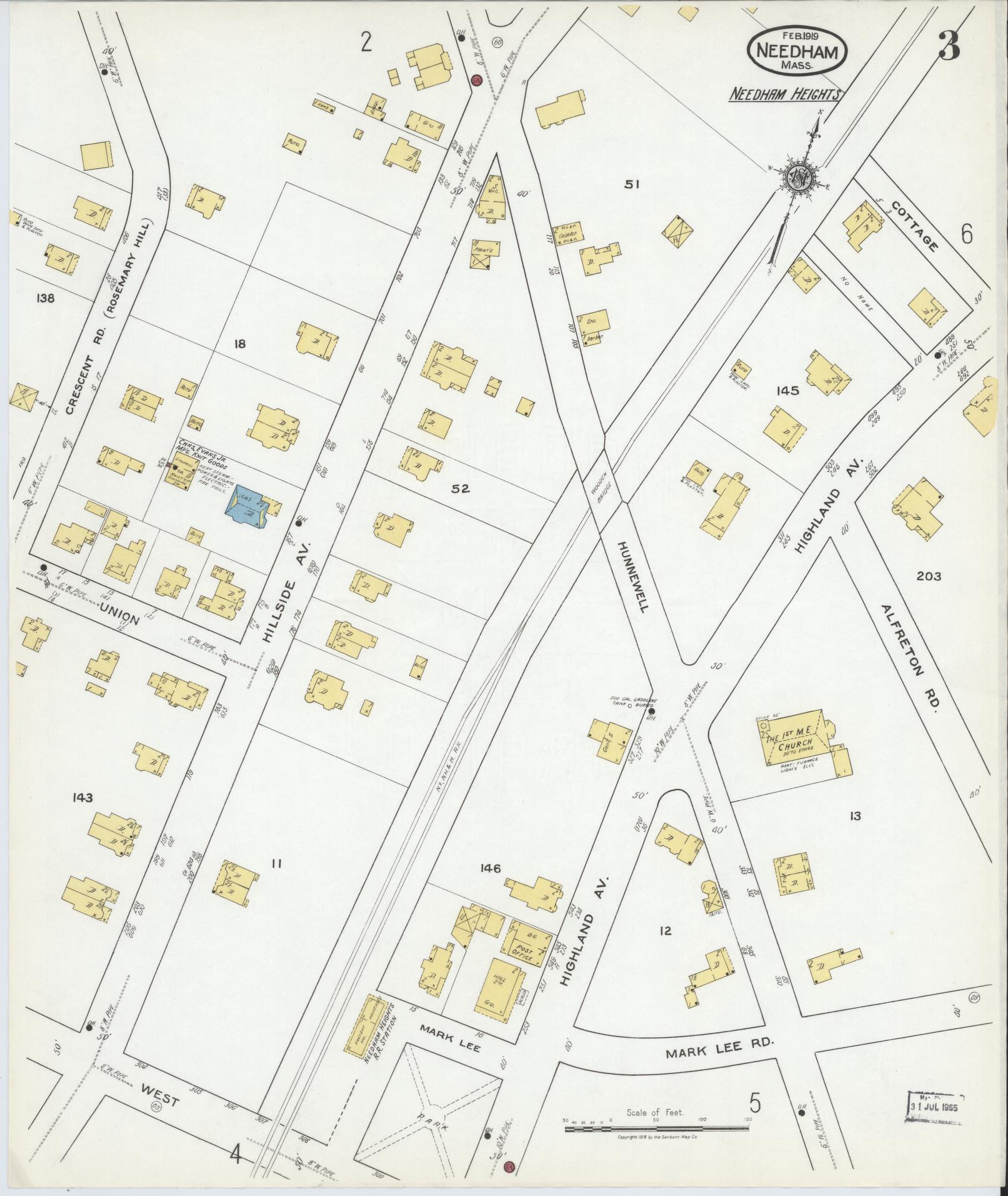 Sanborn Fire Insurance Map from Needham, Norfolk County, Massachusetts (1919), Sheet #0003 - Complete Map Set gallery image, historic Sanborn map, vintage wall art, Massachusetts Massachusetts
