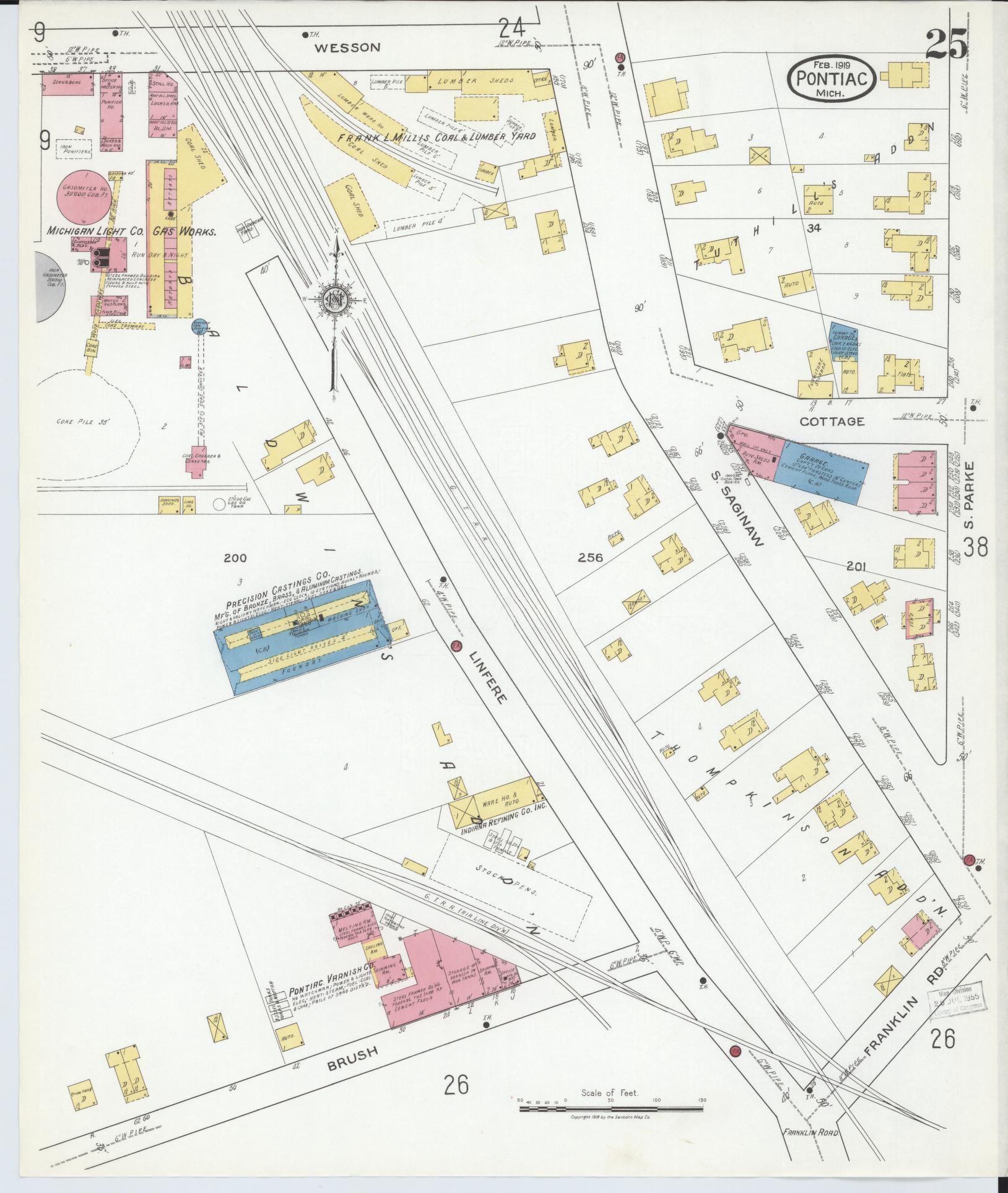 Sanborn Fire Insurance Map from Pontiac, Oakland County, Michigan (1919), Sheet #0025 - Complete Map Set gallery image, historic Sanborn map, vintage wall art, Michigan Michigan