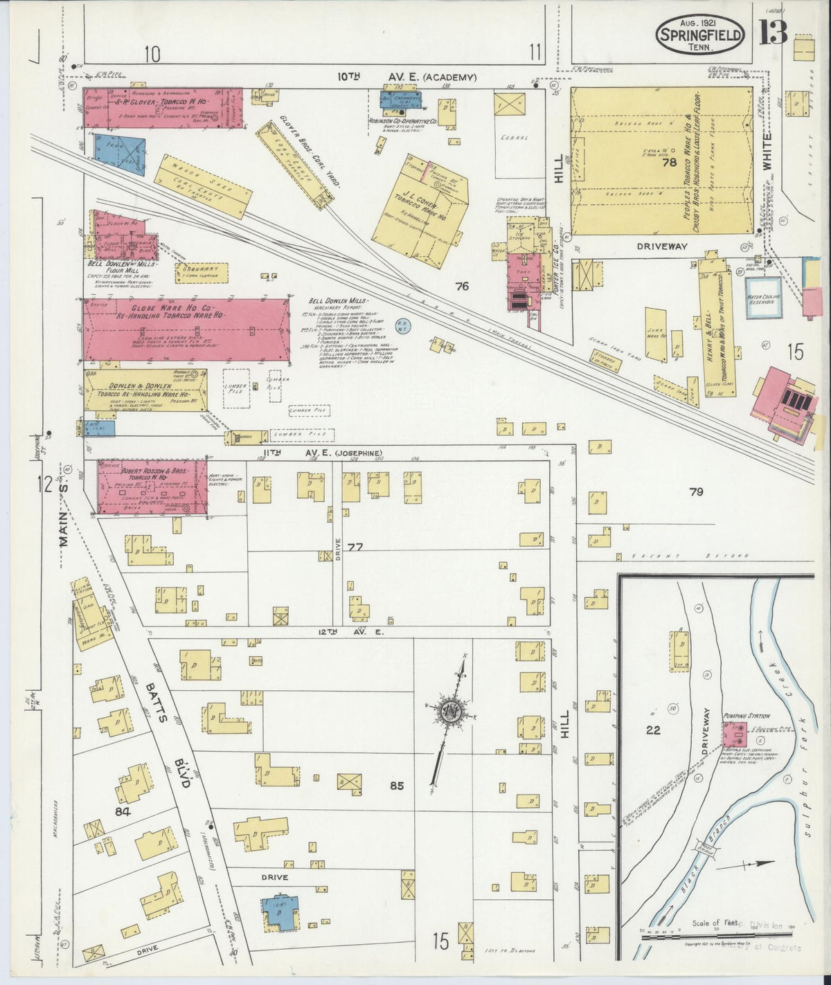 Sanborn Fire Insurance Map from Springfield, Robertson County, Tennessee (1921), Sheet #0013 - Complete Map Set gallery image, historic Sanborn map, vintage wall art, Tennessee Tennessee