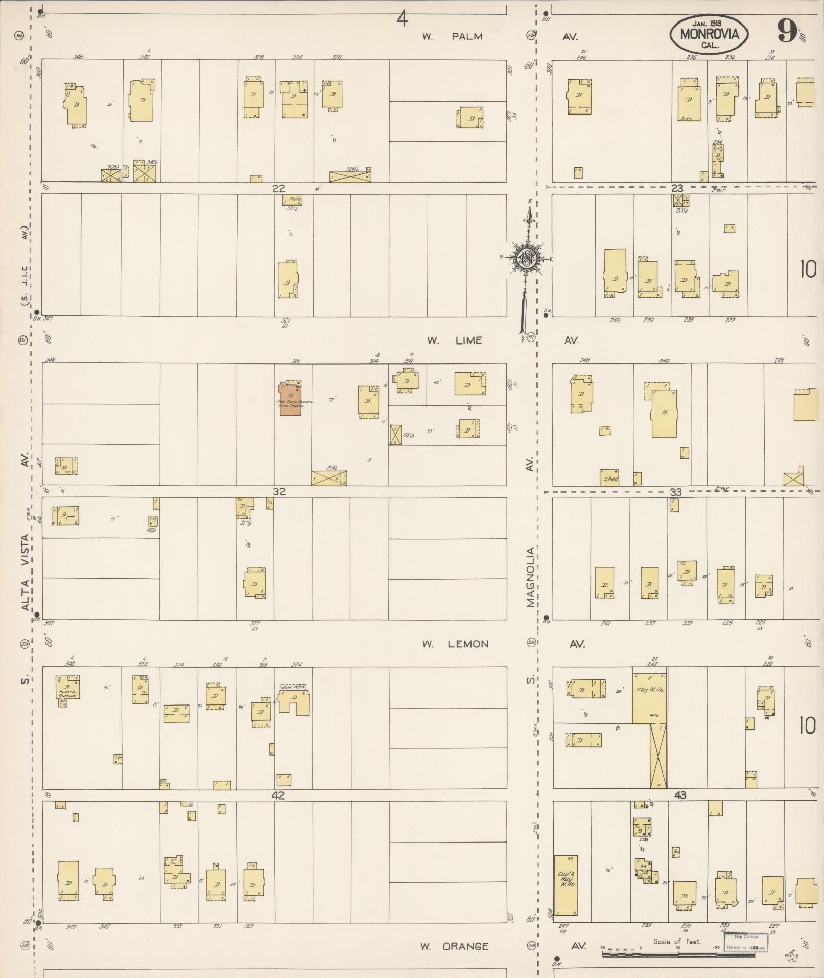 Sanborn Fire Insurance Map from Monrovia, Los Angeles County, California (1913), Sheet #0009 - Complete Map Set gallery image, historic Sanborn map, vintage wall art, California California