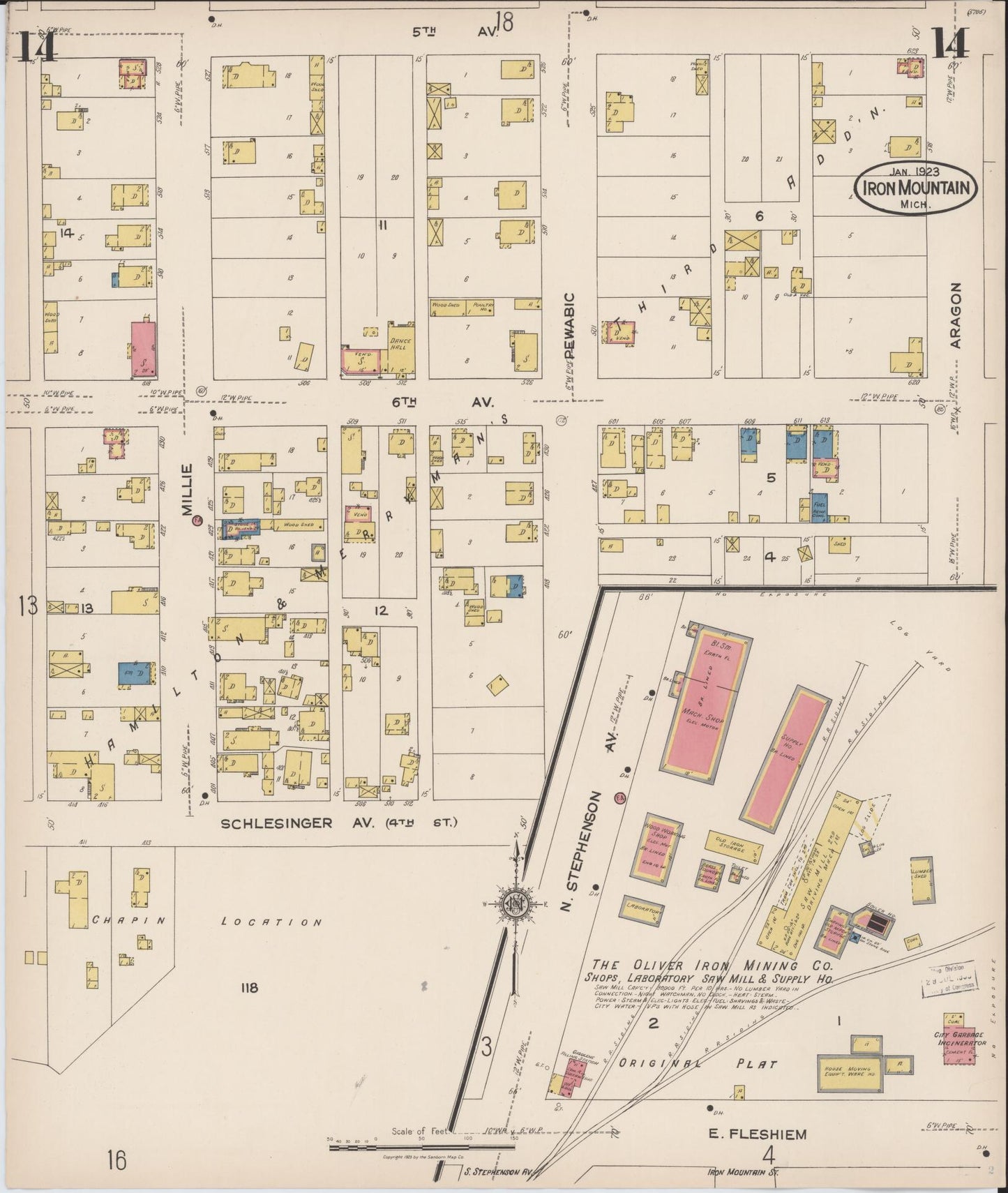 Sanborn Fire Insurance Map from Iron Mountain, Dickinson County, Michigan (1923), Sheet #0014 - Historic Sanborn Fire Insurance Map Print, vintage old map wall art, antique decor, genealogy gift, Michigan Michigan map