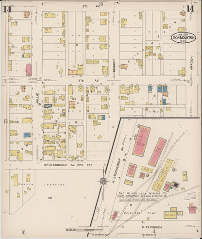Sanborn Fire Insurance Map from Iron Mountain, Dickinson County, Michigan (1923), Sheet #0014 - Historic Sanborn Fire Insurance Map Print, vintage old map wall art, antique decor, genealogy gift, Michigan Michigan map