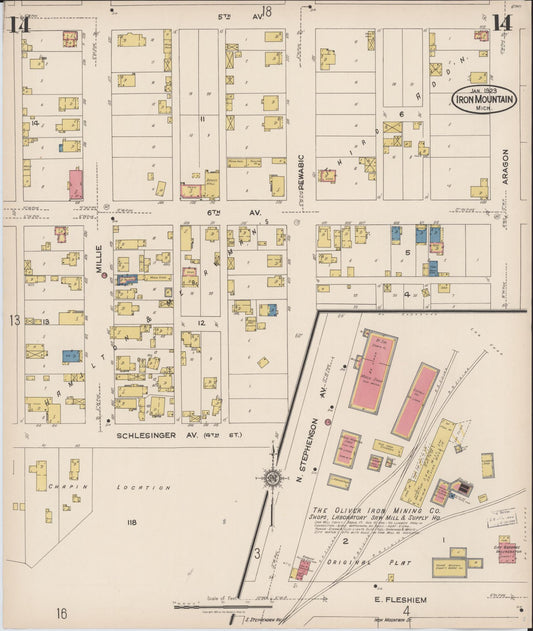 Sanborn Fire Insurance Map from Iron Mountain, Dickinson County, Michigan (1923), Sheet #0014 - Historic Sanborn Fire Insurance Map Print, vintage old map wall art, antique decor, genealogy gift, Michigan Michigan map