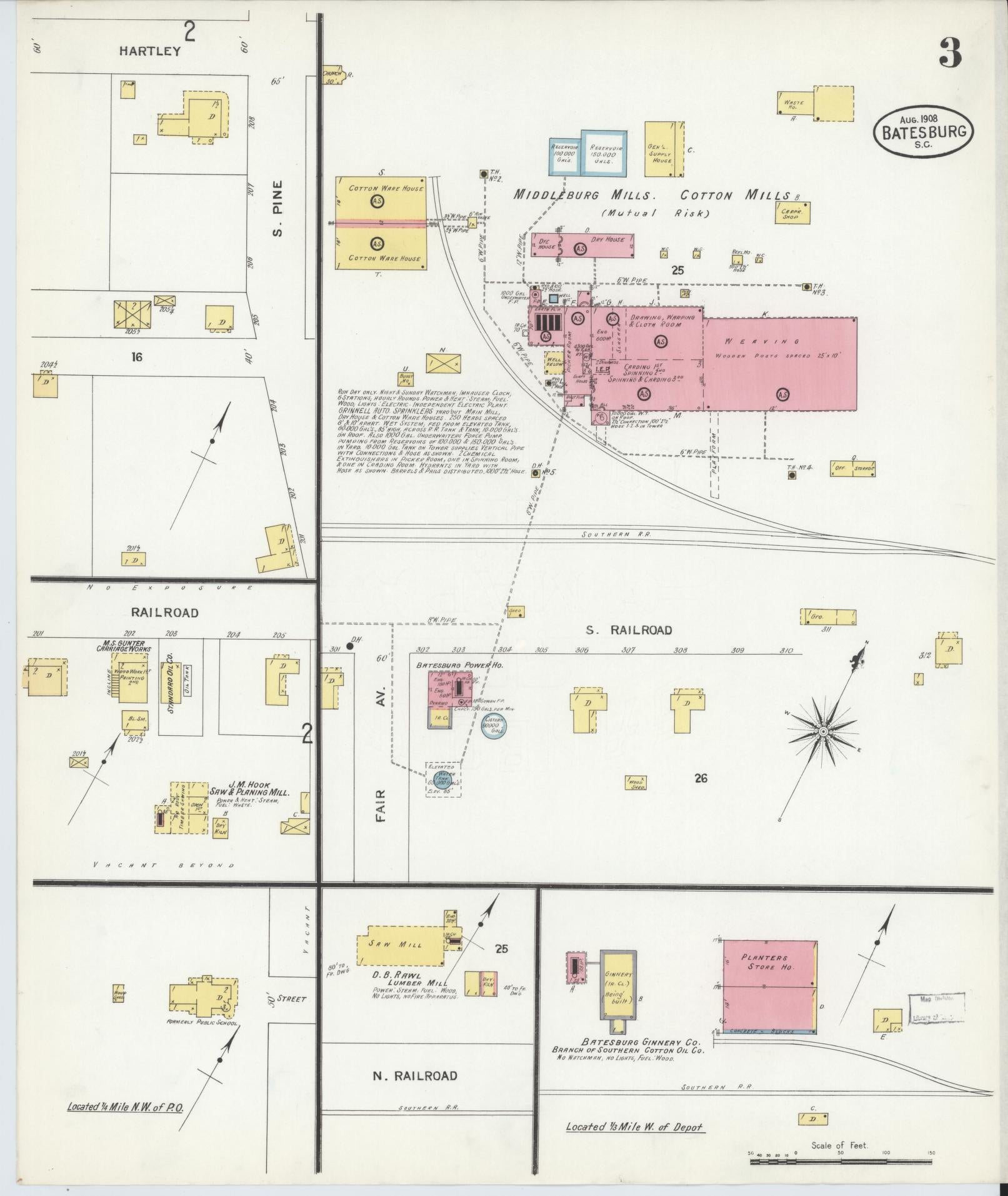 Sanborn Fire Insurance Map from Batesburg, Lexington And Saluda Counties, South Carolina (1908), Sheet #0003 - Complete Map Set gallery image, historic Sanborn map, vintage wall art, South Carolina South Carolina