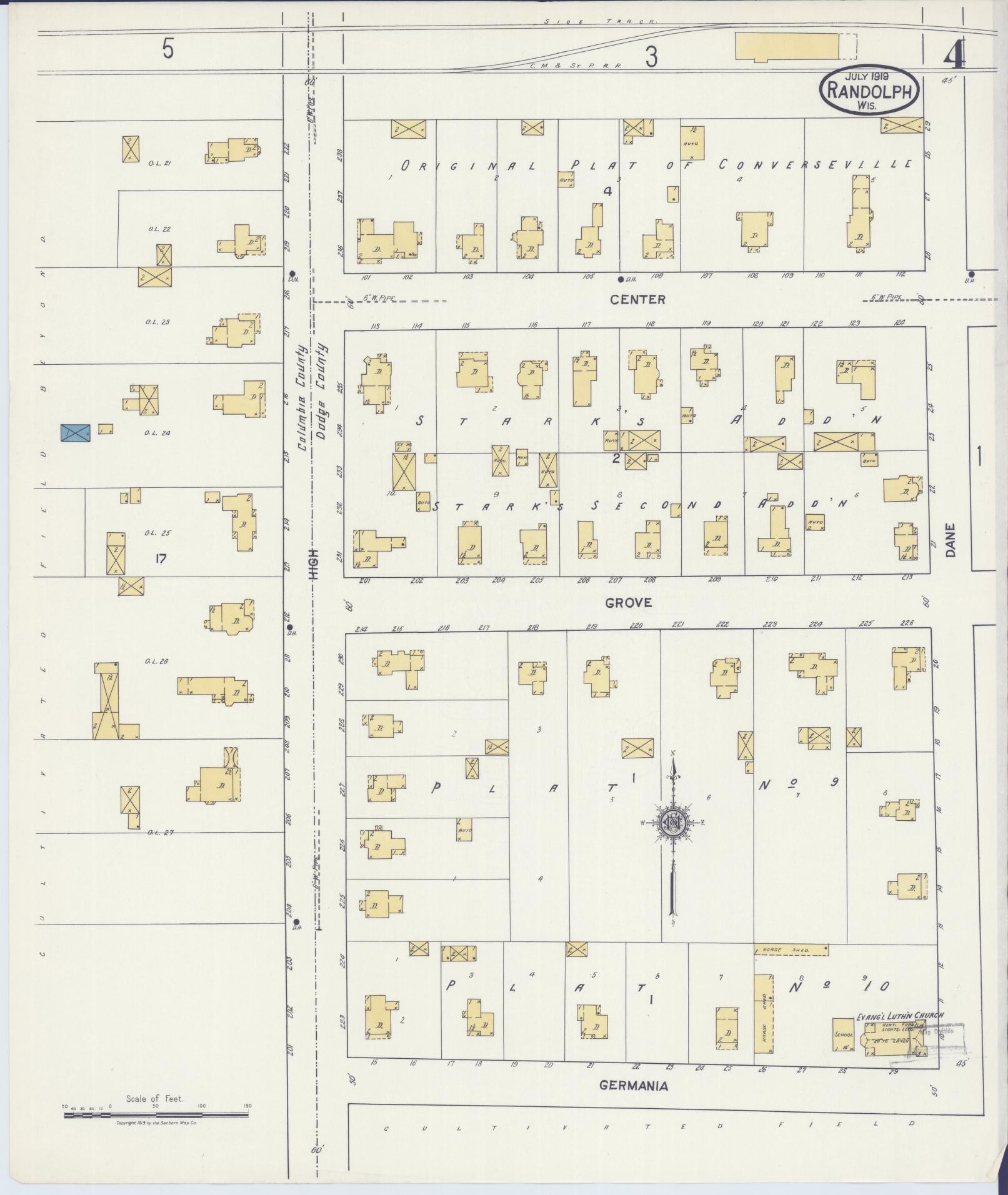 Sanborn Fire Insurance Map from Randolph, Columbia and Dodge Counties, Wisconsin (1919), Sheet #0004 - Historic Sanborn Fire Insurance Map Print, vintage old map wall art, antique decor, genealogy gift, Wisconsin Wisconsin map