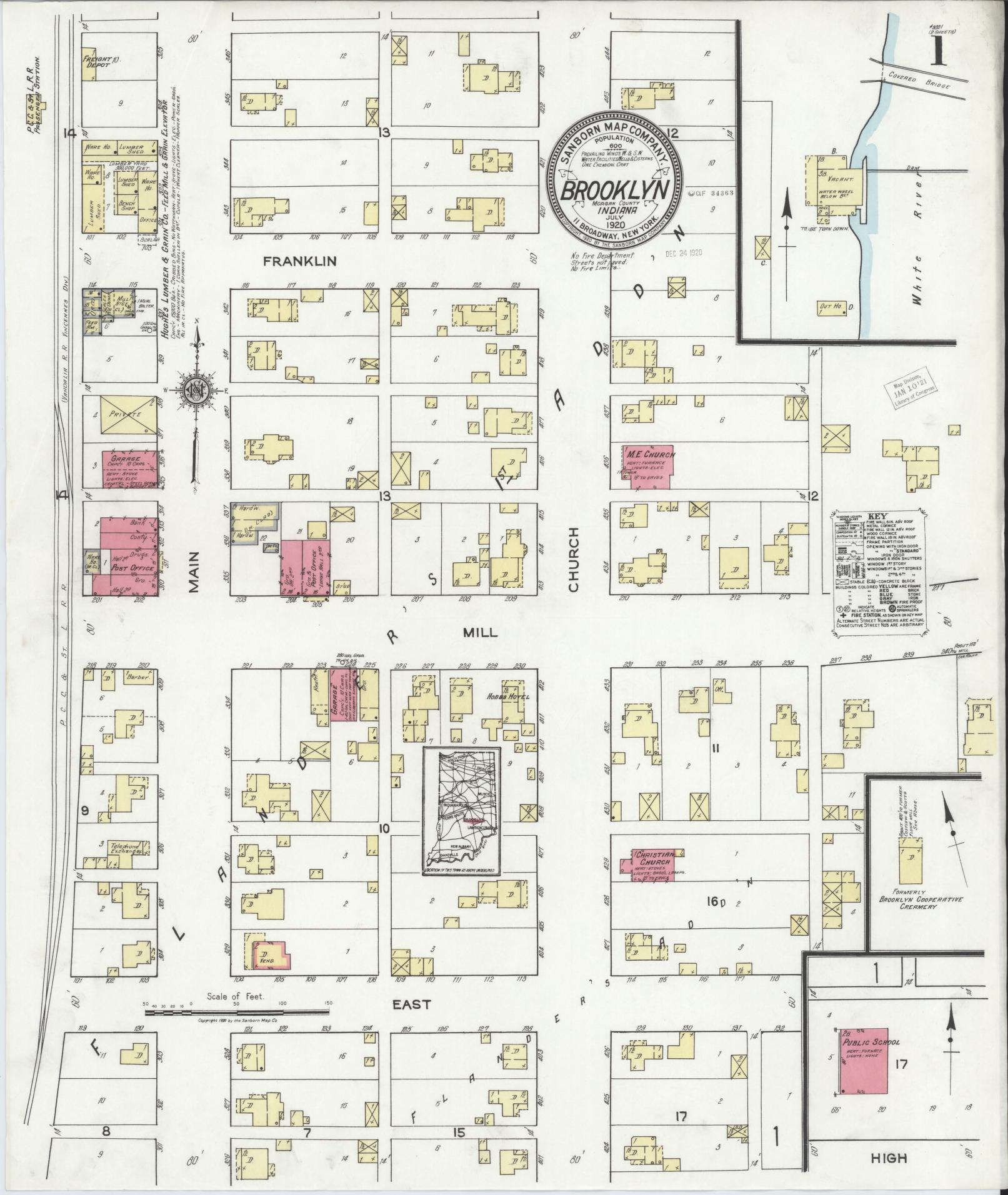 Sanborn Fire Insurance Map from Brooklyn, Morgan County, Indiana (1920), Sheet #0001 - Complete Map Set gallery image, historic Sanborn map, vintage wall art, Indiana Indiana