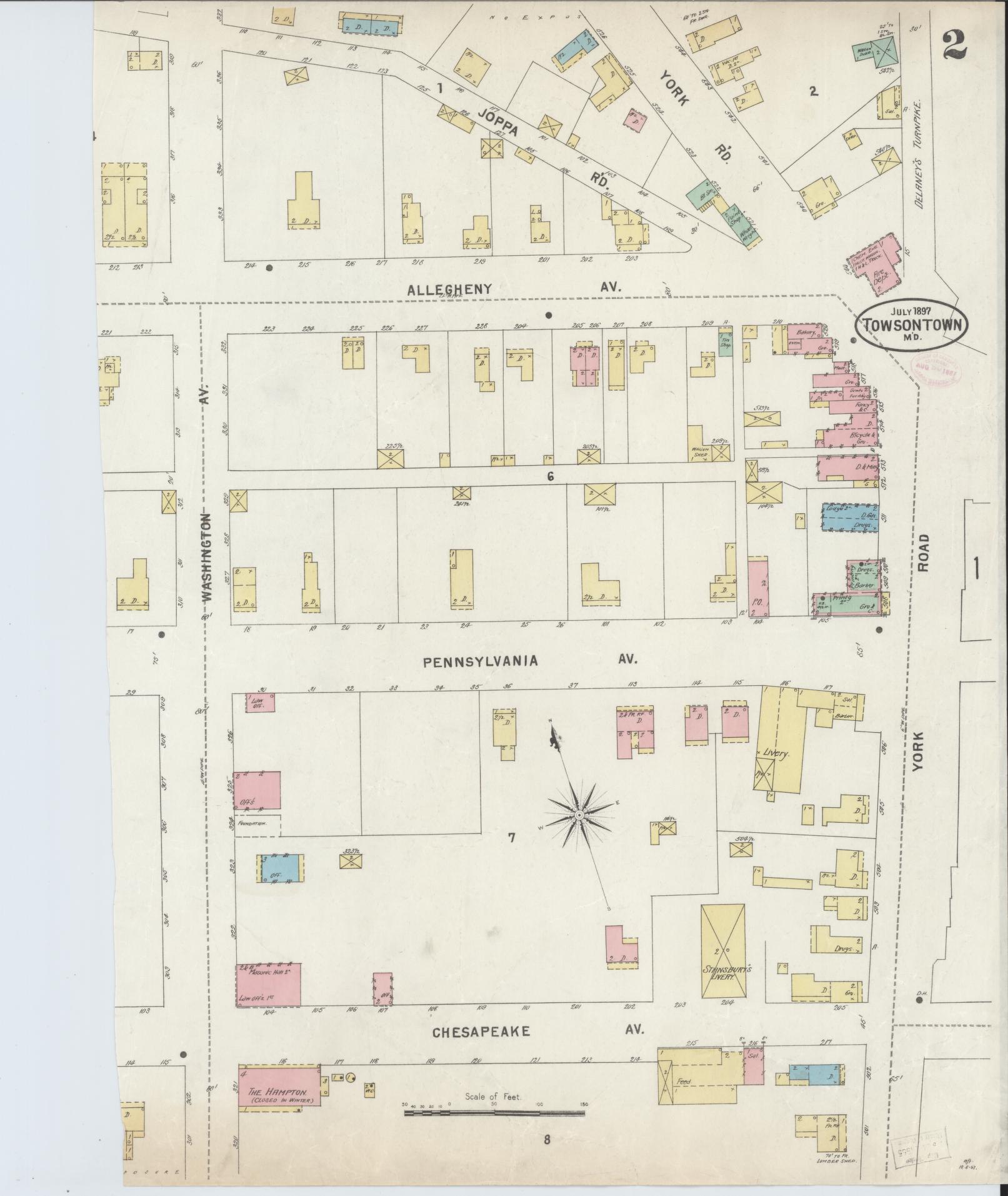 Sanborn Fire Insurance Map from Towson, Baltimore County, Maryland (1897), Sheet #0002 - Historic Sanborn Fire Insurance Map Print, vintage old map wall art