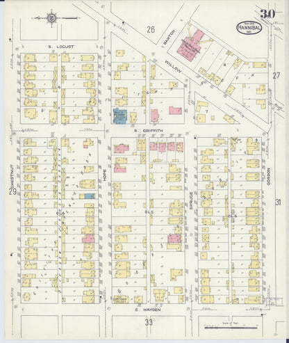 Sanborn Fire Insurance Map from Hannibal, Marion County, Missouri (1913), Sheet #0030 - Historic Sanborn Fire Insurance Map Print, vintage old map wall art, antique decor, genealogy gift, Missouri Missouri map