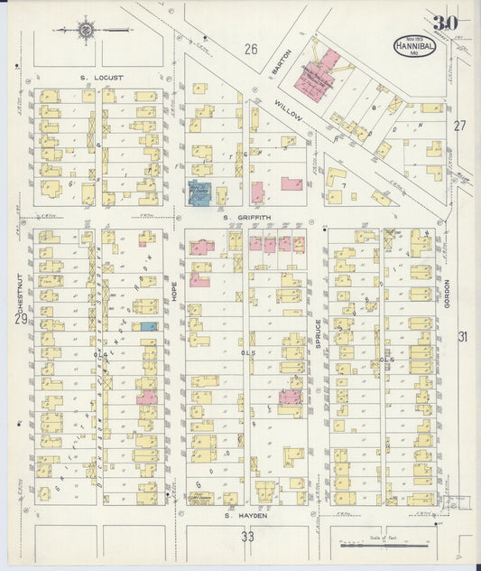 Sanborn Fire Insurance Map from Hannibal, Marion County, Missouri (1913), Sheet #0030 - Historic Sanborn Fire Insurance Map Print, vintage old map wall art, antique decor, genealogy gift, Missouri Missouri map