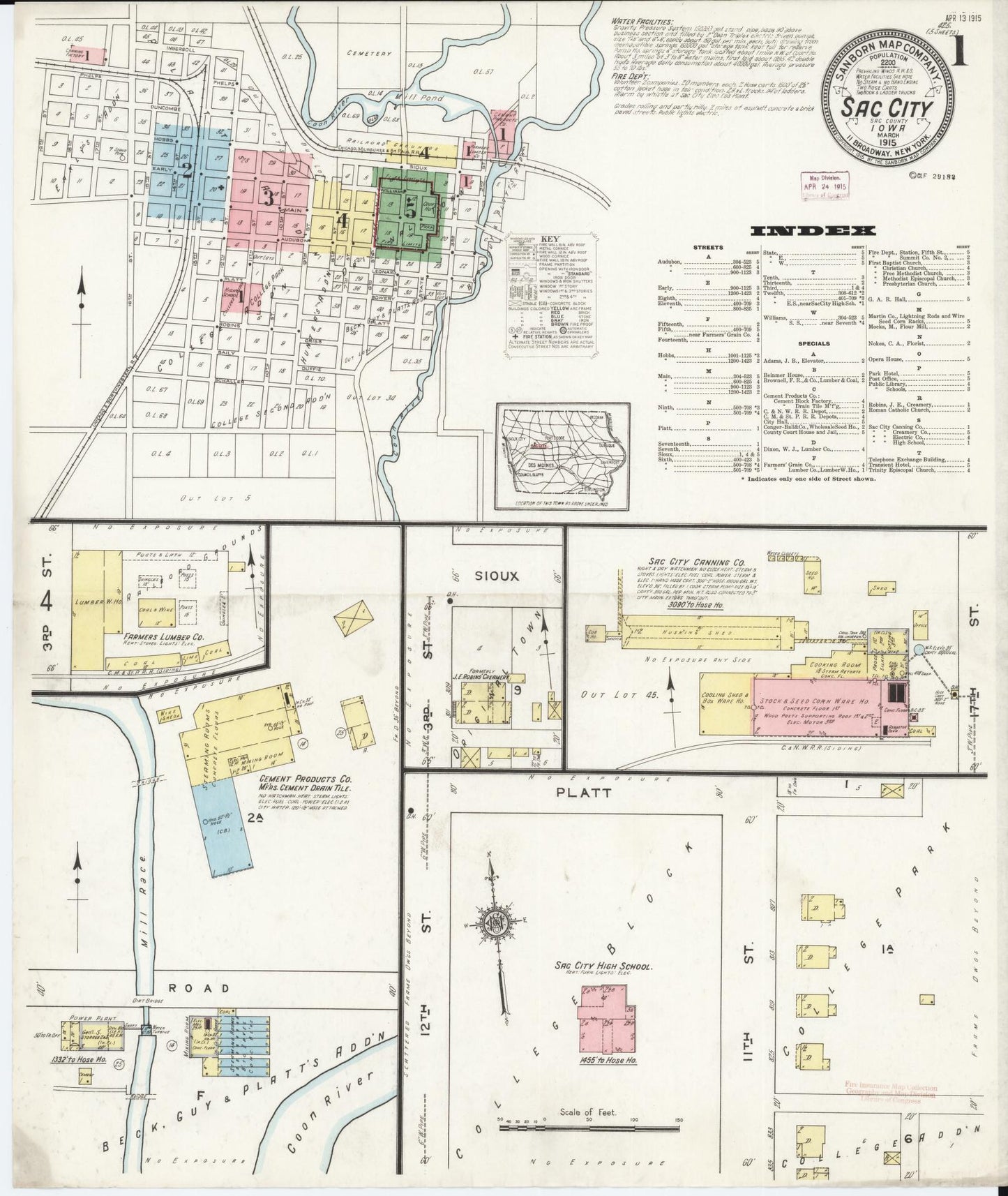 Sanborn Fire Insurance Map from Sac City, Sac County, Iowa (1915), Sheet #0001 - Historic Sanborn Fire Insurance Map Print, vintage old map wall art
