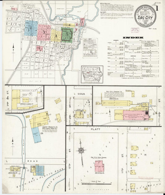 Sanborn Fire Insurance Map from Sac City, Sac County, Iowa (1915), Sheet #0001 - Historic Sanborn Fire Insurance Map Print, vintage old map wall art