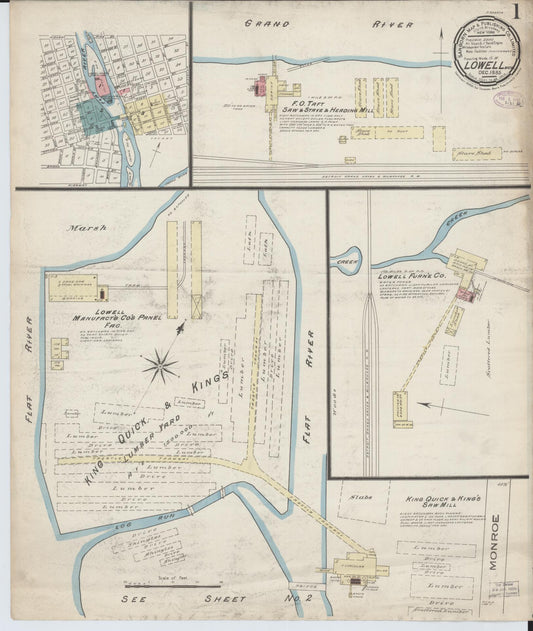 Sanborn Fire Insurance Map from Lowell, Kent County, Michigan (1885), Sheet #0001 - Historic Sanborn Fire Insurance Map Print, vintage old map wall art, antique decor, genealogy gift, Michigan Michigan map